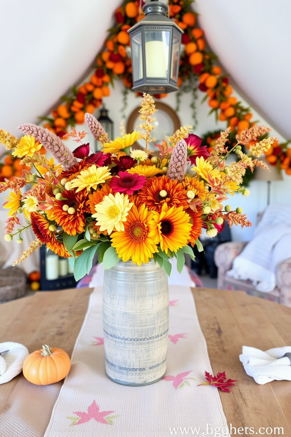 Floral arrangements with seasonal blooms create a vibrant and inviting atmosphere. A stunning centerpiece features a mix of rich oranges, deep reds, and golden yellows, beautifully arranged in a rustic vase. Thanksgiving attic decorating ideas embrace a cozy and nostalgic feel. The space is adorned with warm-toned garlands, vintage lanterns, and soft, textured throw blankets to enhance the seasonal charm.