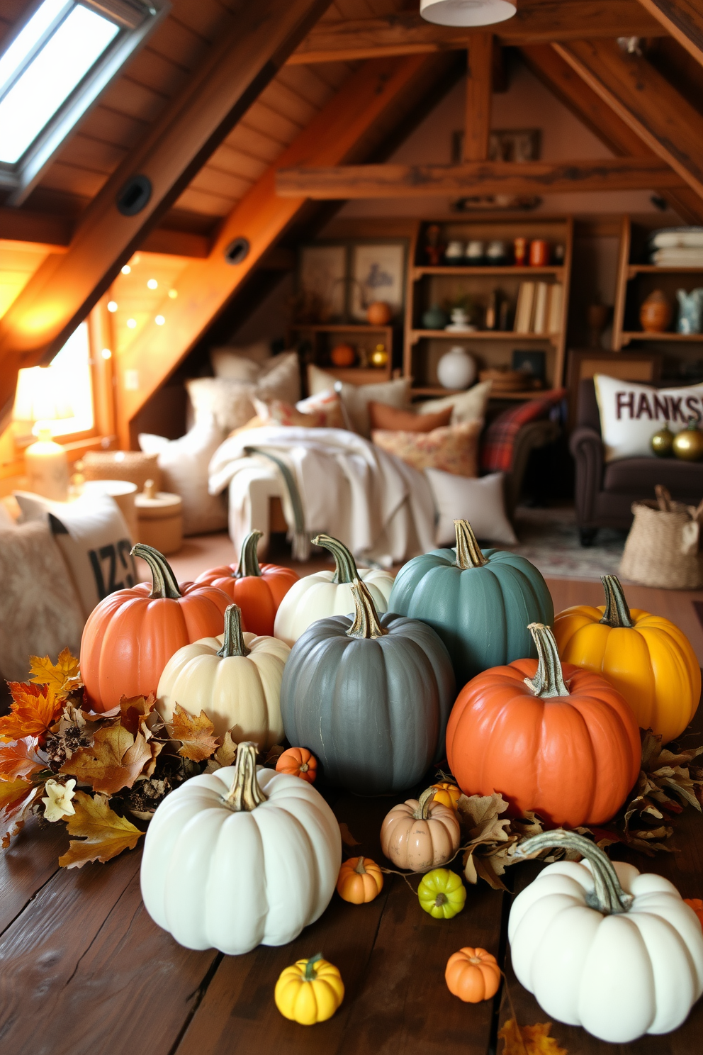 A collection of DIY painted pumpkins in various colors and patterns arranged on a rustic wooden table. Surrounding the pumpkins are autumn leaves and small gourds, creating a warm and inviting Thanksgiving atmosphere. An attic space transformed into a cozy retreat with warm lighting and vintage decor. Soft textiles, such as a plush throw and decorative pillows, complement the wooden beams and shelves filled with cherished memories.