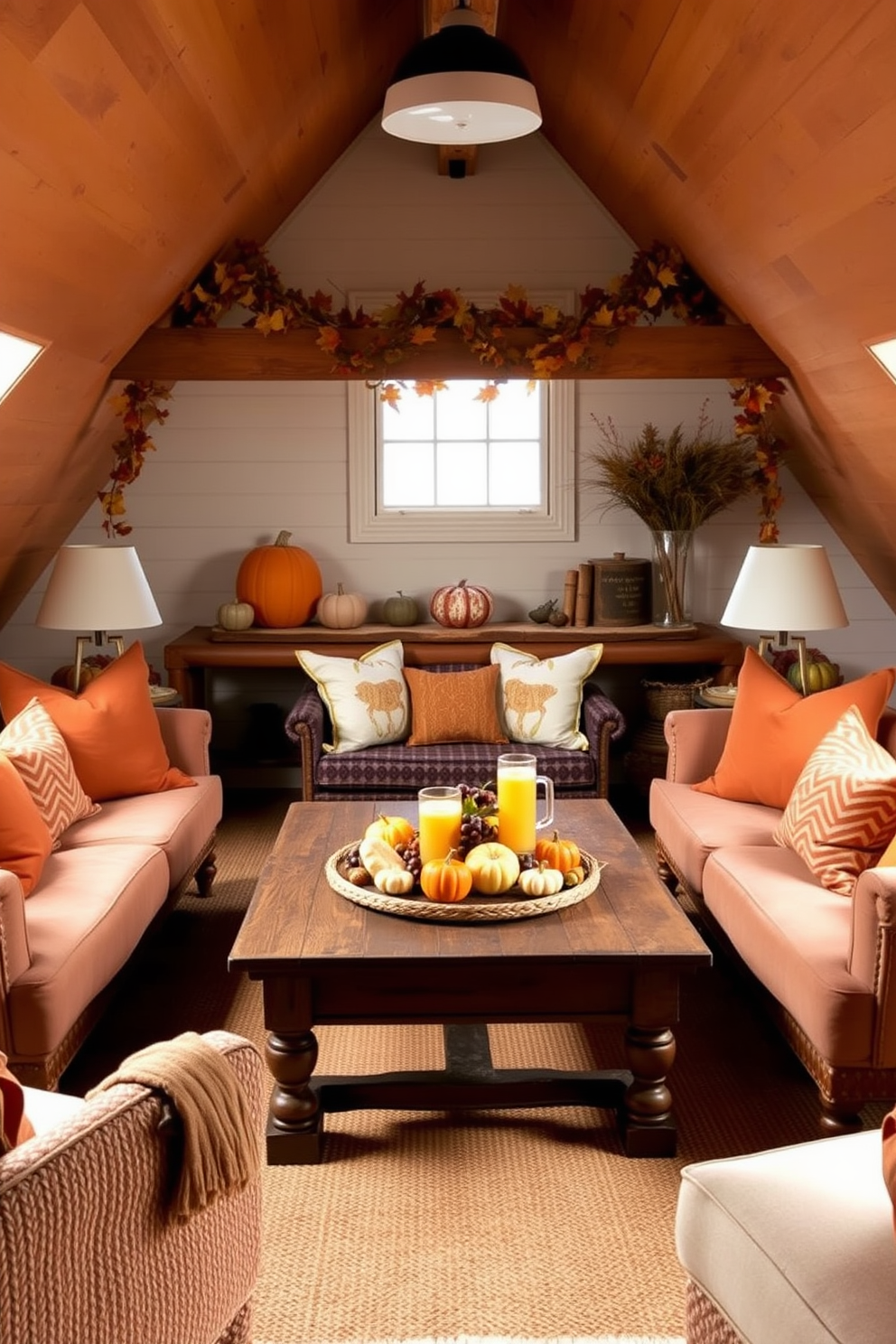 Create a cozy attic space designed for Thanksgiving gatherings. Incorporate comfortable seating with oversized cushions in warm autumn colors to invite relaxation and conversation. Adorn the walls with seasonal decorations like garlands of dried leaves and pumpkins. A rustic wooden coffee table in the center can hold festive snacks and drinks, enhancing the inviting atmosphere.