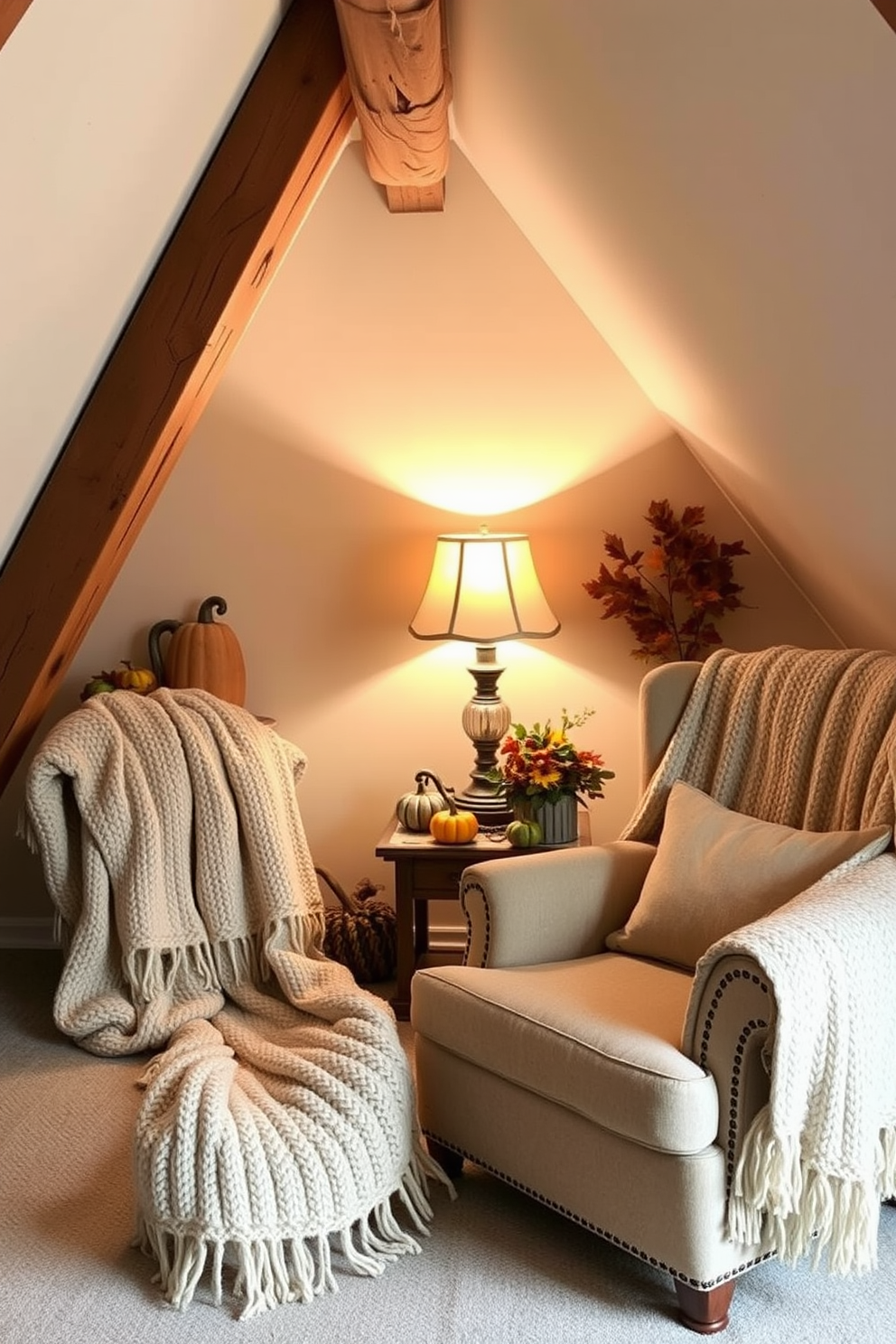 A cozy attic space adorned with textured knitted throws draped over a plush armchair. Soft lighting from a vintage lamp casts a warm glow, creating an inviting atmosphere perfect for Thanksgiving gatherings. Rustic wooden beams frame the ceiling, while seasonal decorations like pumpkins and autumn leaves add charm. A small wooden table holds a festive centerpiece, enhancing the overall inviting feel of the attic.