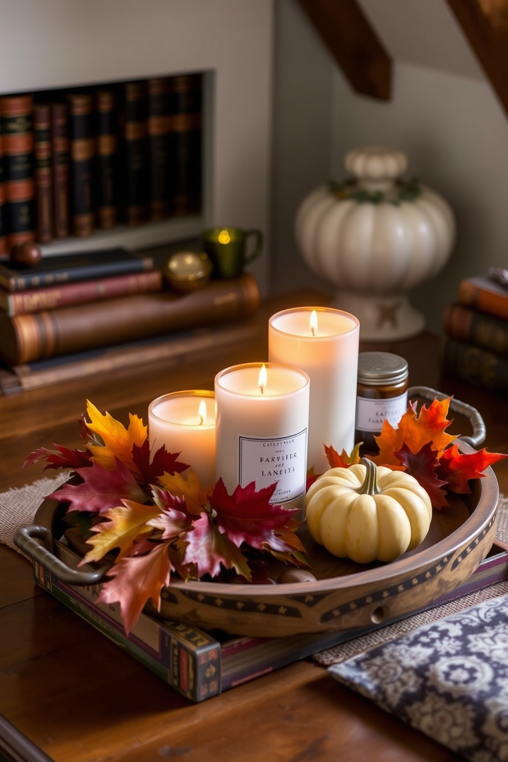 Seasonal scented candles create an inviting aroma that enhances the cozy atmosphere of your home. Arrange them on a rustic wooden tray alongside autumn leaves and small pumpkins for a festive touch. For Thanksgiving attic decorating ideas, incorporate vintage decorations like old books and family heirlooms. Use warm lighting to highlight these pieces, creating a nostalgic and welcoming space.