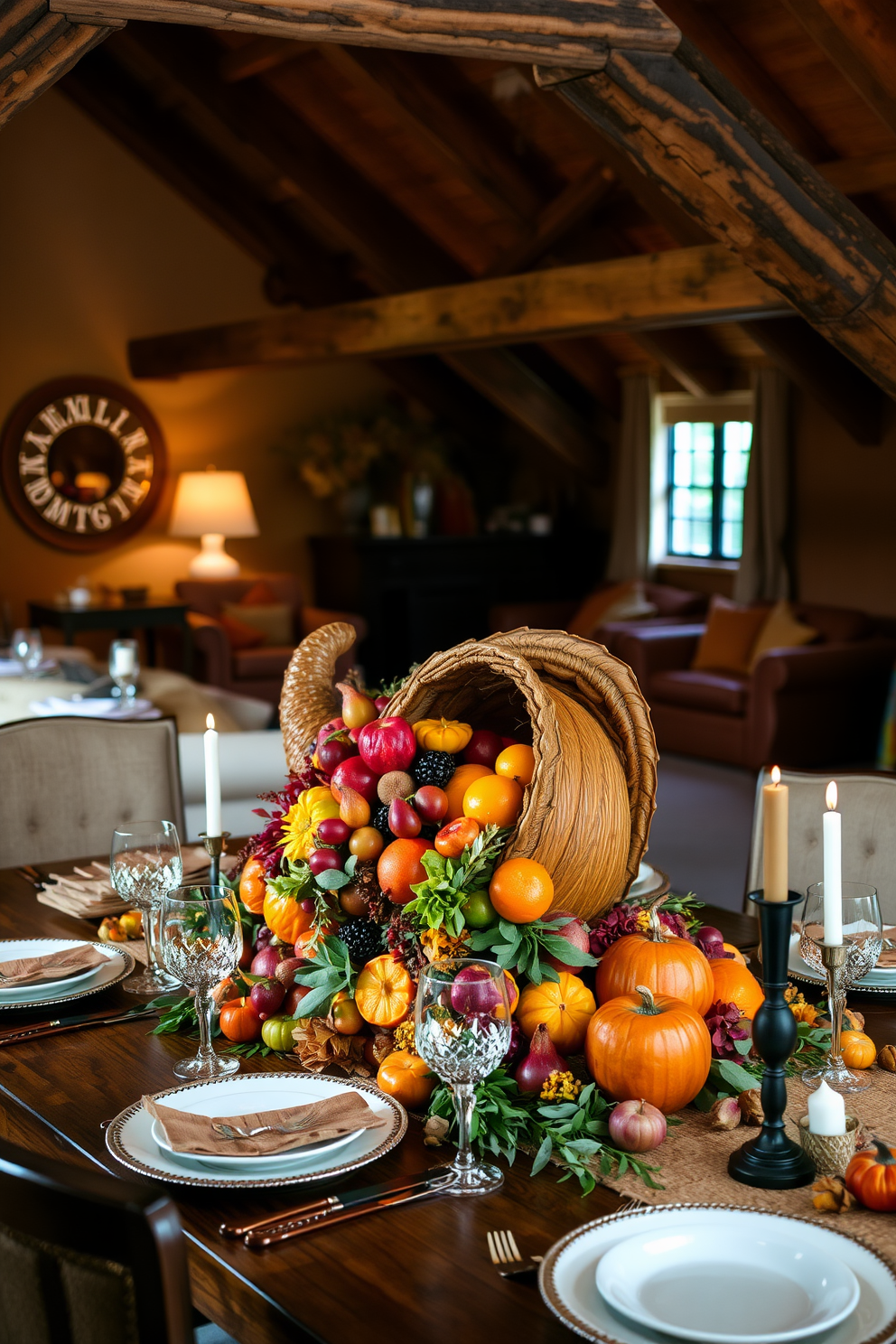 A vibrant cornucopia overflowing with seasonal fruits and vegetables serves as the stunning table centerpiece for a Thanksgiving feast. Surrounding the cornucopia, elegant dinnerware and autumn-themed decorations enhance the festive atmosphere. The attic is transformed into a cozy retreat with soft lighting and plush seating options. Rustic wooden beams and warm colors create an inviting space perfect for relaxation or creative pursuits.