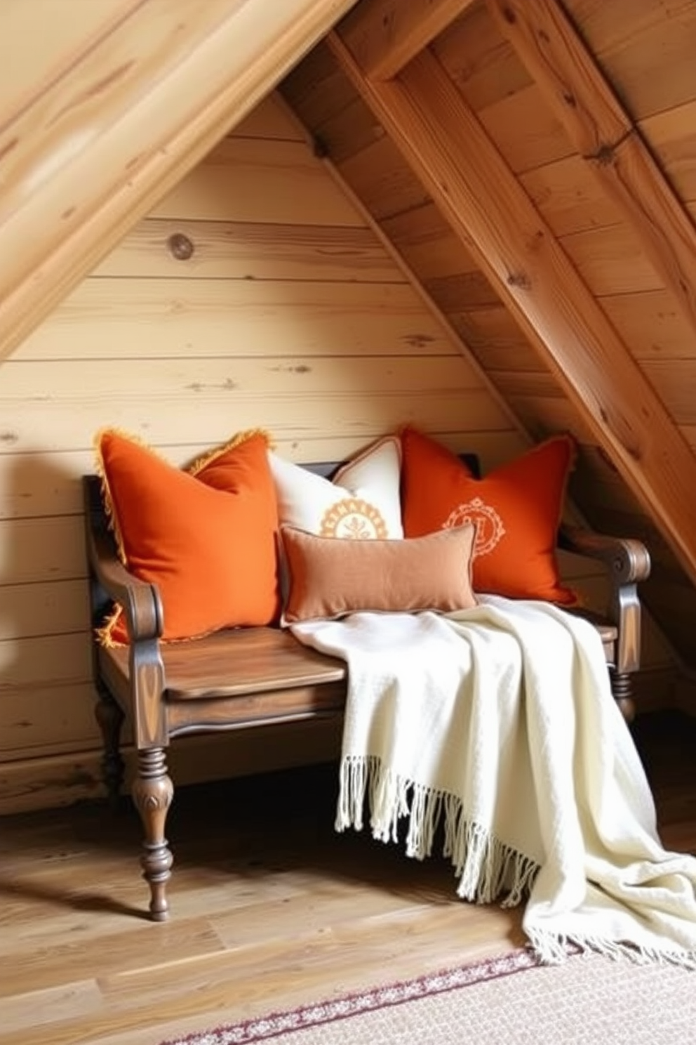 A cozy attic space adorned with warm orange and gold accent pillows scattered across a vintage wooden bench. The walls are decorated with rustic wooden beams, and a soft throw blanket drapes over the side, creating an inviting atmosphere for Thanksgiving gatherings.