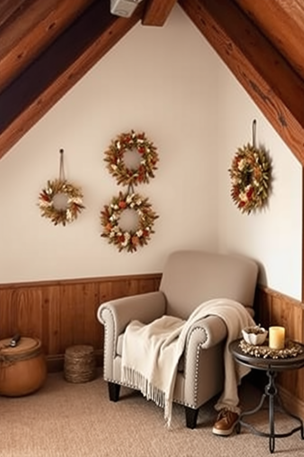 A cozy attic space adorned with decorative wreaths made of dried flowers. The wreaths hang on the walls, adding a touch of warmth and autumn charm to the rustic wooden beams. The seating area features a comfortable armchair draped with a soft throw blanket. A small side table holds a pumpkin spice candle, creating a welcoming atmosphere for Thanksgiving gatherings.