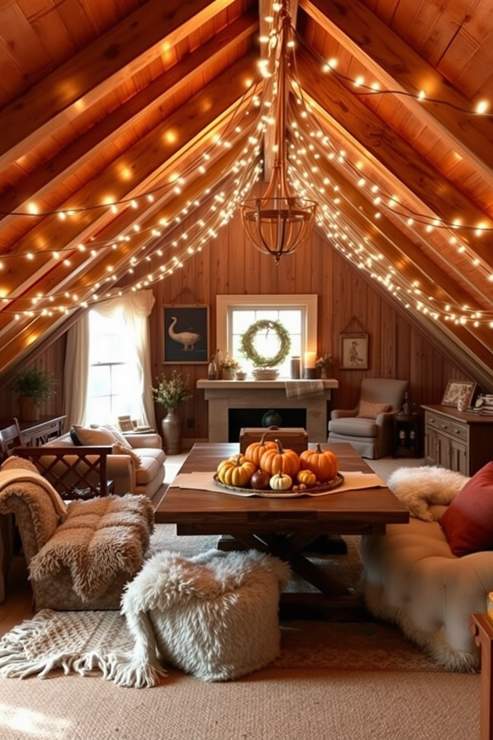 A cozy attic space decorated for Thanksgiving. Soft string lights hang from the beams, casting a warm glow over rustic wooden furniture and autumn-themed decor. A large harvest table is set with a festive centerpiece of pumpkins and gourds. Plush blankets and cushions invite relaxation in this inviting seasonal retreat.