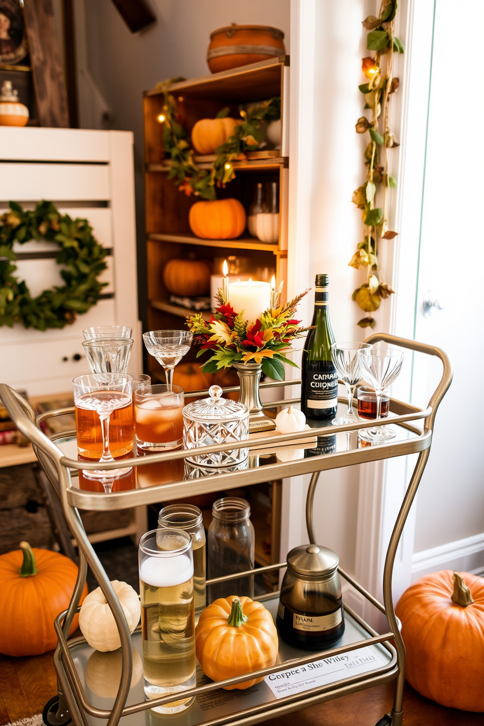 A chic bar cart is elegantly styled with an assortment of festive beverages including sparkling cider and seasonal cocktails. The cart is adorned with decorative glassware and a small centerpiece of autumn leaves and candles. For Thanksgiving attic decorating ideas, the space features warm, inviting colors with rustic elements like wooden crates and vintage decor. Soft, ambient lighting creates a cozy atmosphere, highlighting a display of seasonal pumpkins and garlands.