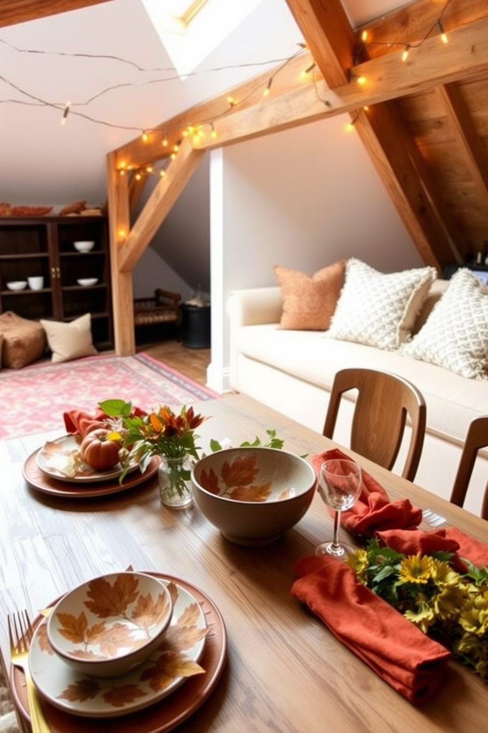 Harvest themed dishware for dining setup. The table is elegantly set with rustic ceramic plates adorned with autumn leaves, complemented by golden cutlery and deep orange napkins. Attic decorating ideas. The space features cozy seating with plush cushions, a vintage rug, and warm string lights draped across the wooden beams for a welcoming atmosphere.