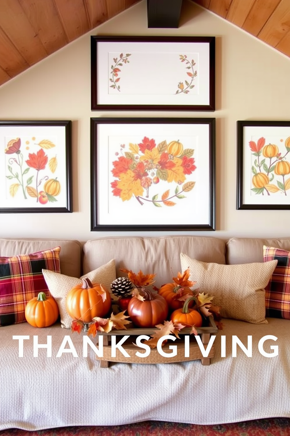 Seasonal art prints framed on walls create a vibrant and inviting atmosphere. Each print showcases autumn colors and themes, enhancing the cozy feel of the space. Thanksgiving attic decorating ideas feature rustic elements and warm tones. Incorporate natural materials like burlap and wood to evoke a festive and homey ambiance.