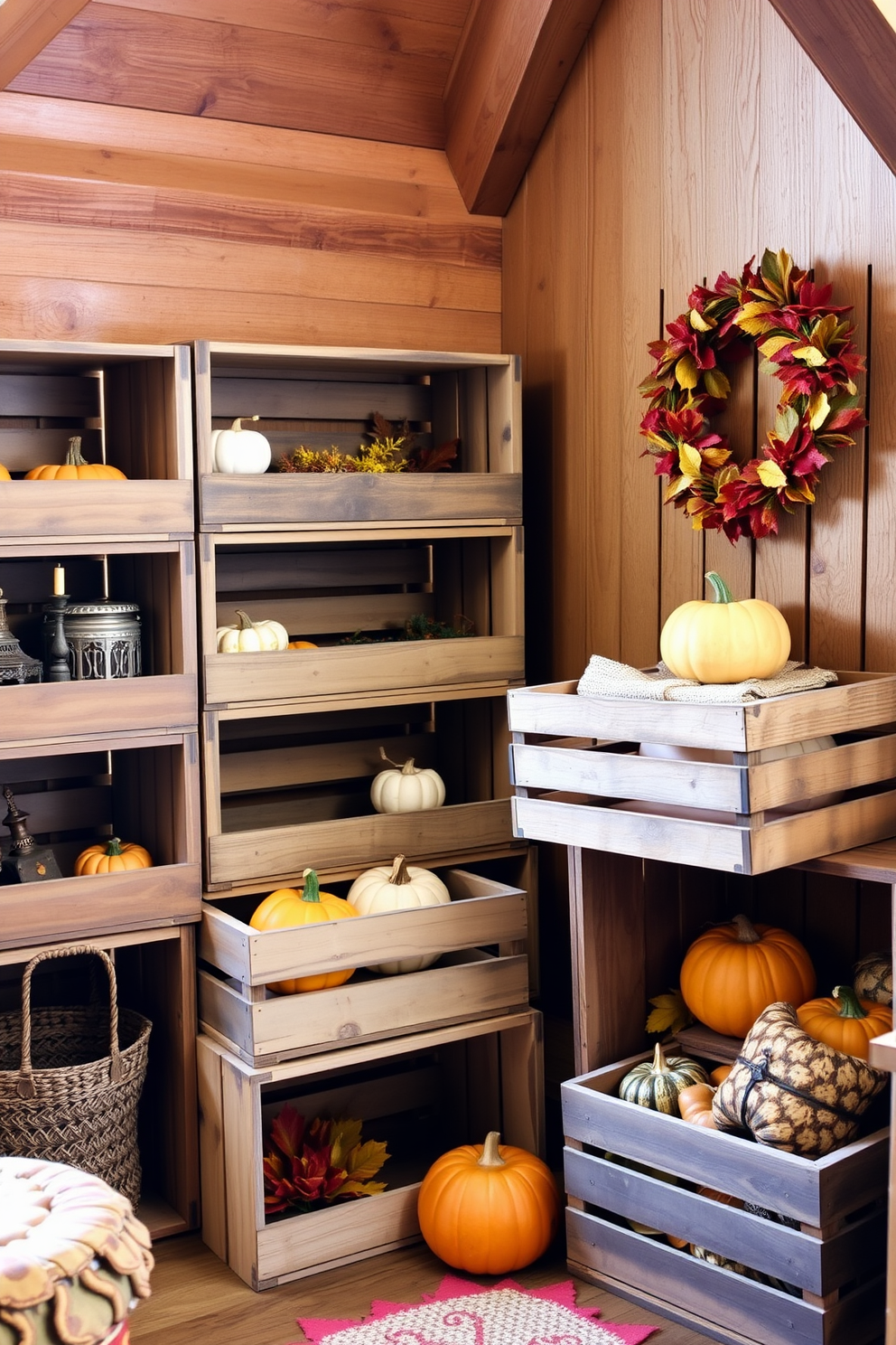 A cozy Thanksgiving attic space filled with wooden crates used as rustic storage solutions. The crates are stacked in a corner, showcasing seasonal decorations like pumpkins and autumn leaves.