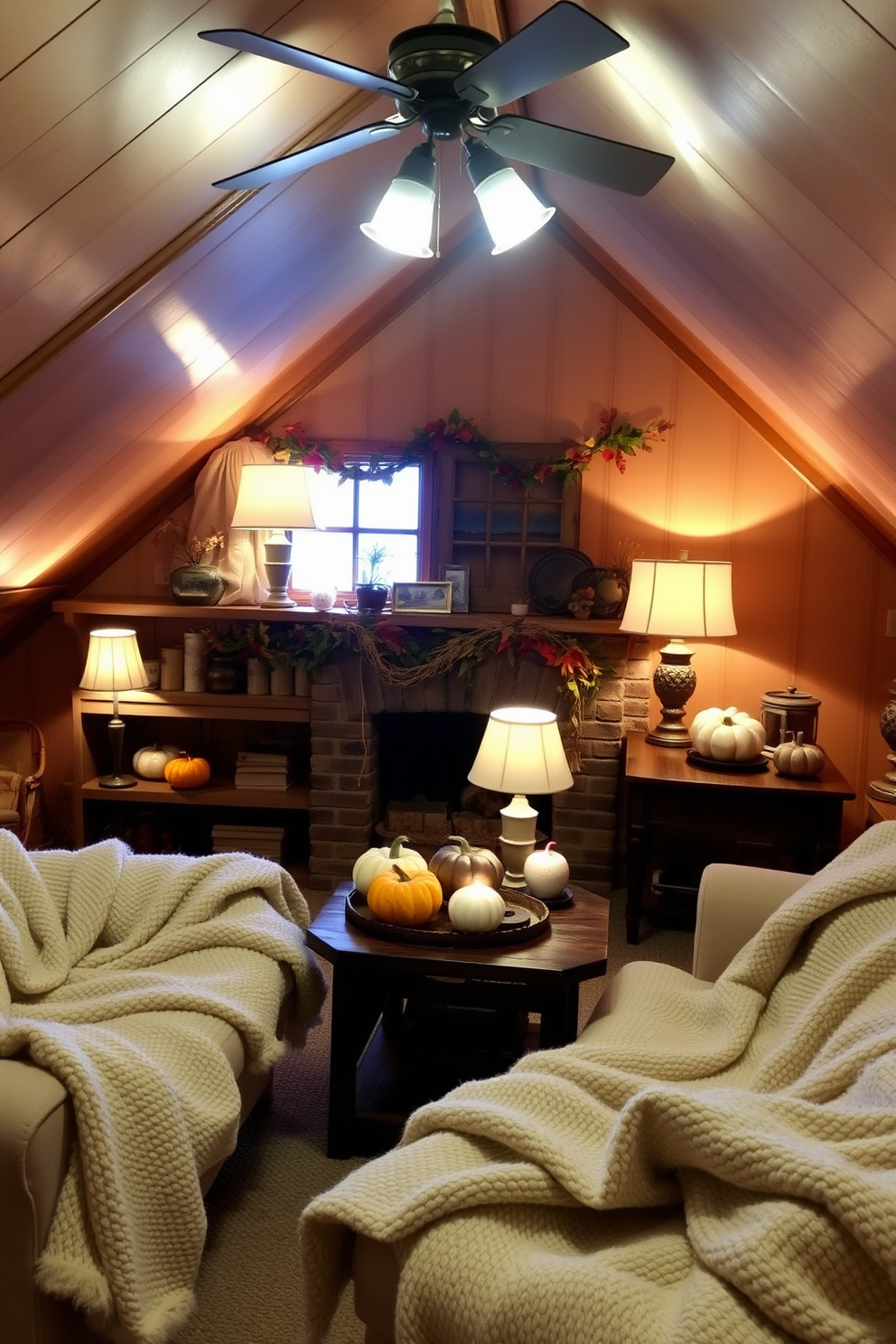 A cozy attic space decorated for Thanksgiving. Layered lighting creates a warm ambiance with a mix of floor and table lamps illuminating the room's rustic charm. Natural elements like pumpkins and autumn leaves adorn the shelves and tables. Soft, textured blankets are draped over furniture, inviting relaxation and comfort.