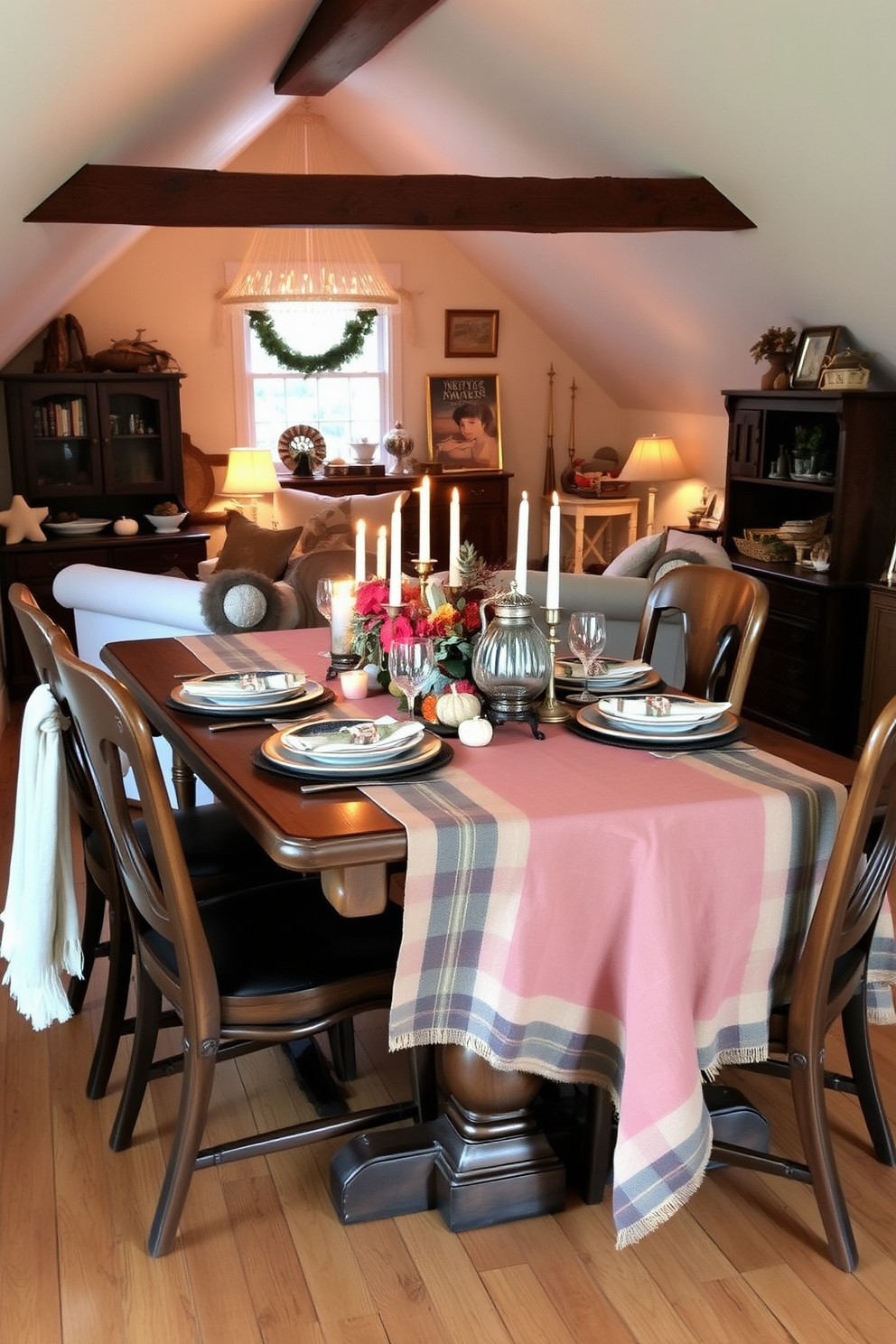 A cozy dining room setting adorned with a plaid tablecloth draping over a rustic wooden table. The table is set for Thanksgiving with elegant dinnerware, autumn-themed centerpieces, and warm candlelight creating a festive atmosphere. An inviting attic space transformed into a charming retreat with cozy seating and soft lighting. Vintage decorations and seasonal accents bring warmth and character to the room, making it a perfect spot for relaxation and gatherings.