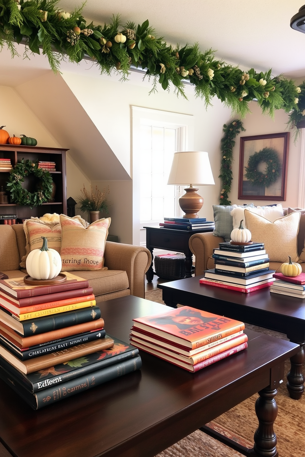 Seasonal books stacked on coffee tables create a warm and inviting atmosphere. The rich colors of autumn-themed covers complement the cozy decor of the room. Thanksgiving attic decorating ideas can transform a forgotten space into a festive retreat. Incorporate elements like rustic garlands and vintage pumpkins for a charming seasonal touch.