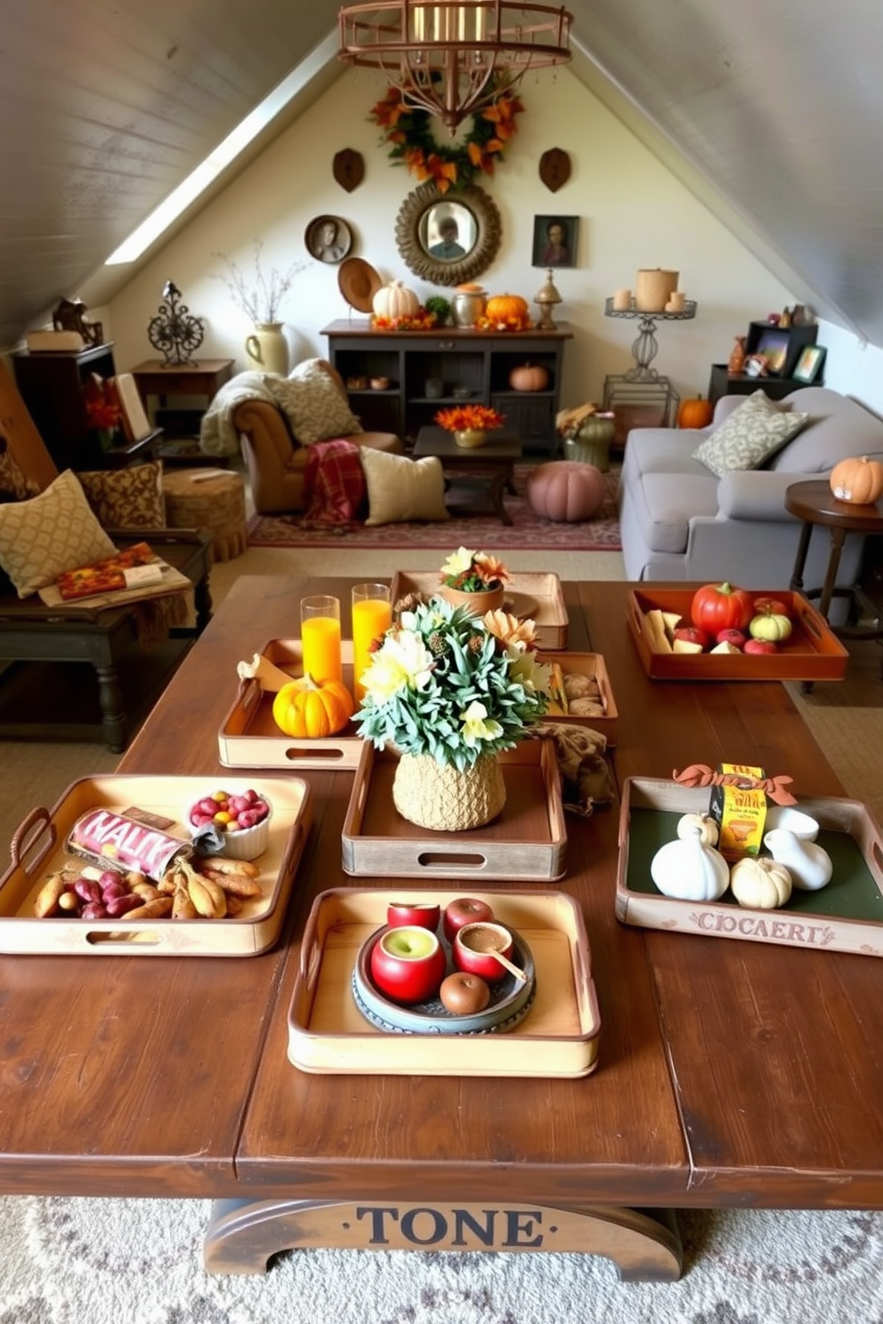 A collection of vintage trays arranged elegantly on a rustic wooden table. Each tray showcases a unique design, adorned with seasonal decorations and filled with an assortment of snacks and drinks for a cozy Thanksgiving gathering. An inviting attic space transformed into a festive retreat. Soft lighting illuminates the area, where autumn-themed decor complements comfortable seating and a display of seasonal accents.