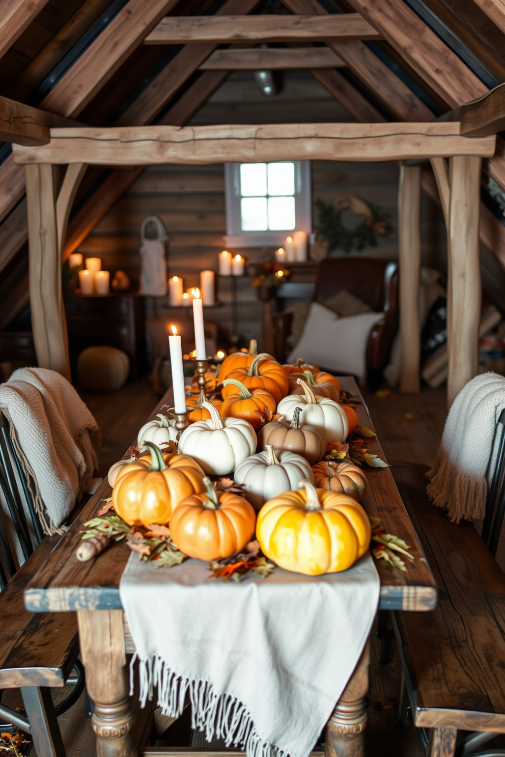 A rustic wooden table adorned with a variety of pumpkins in different sizes and colors creates a warm and inviting centerpiece for Thanksgiving. Surrounding the table are soft, muted tones of autumn leaves and candles that add to the cozy atmosphere of the setting. The attic features vintage decor with wooden beams and warm lighting that enhances the rustic charm. Cozy blankets and seasonal accents create a welcoming space perfect for gathering and celebrating the holiday.