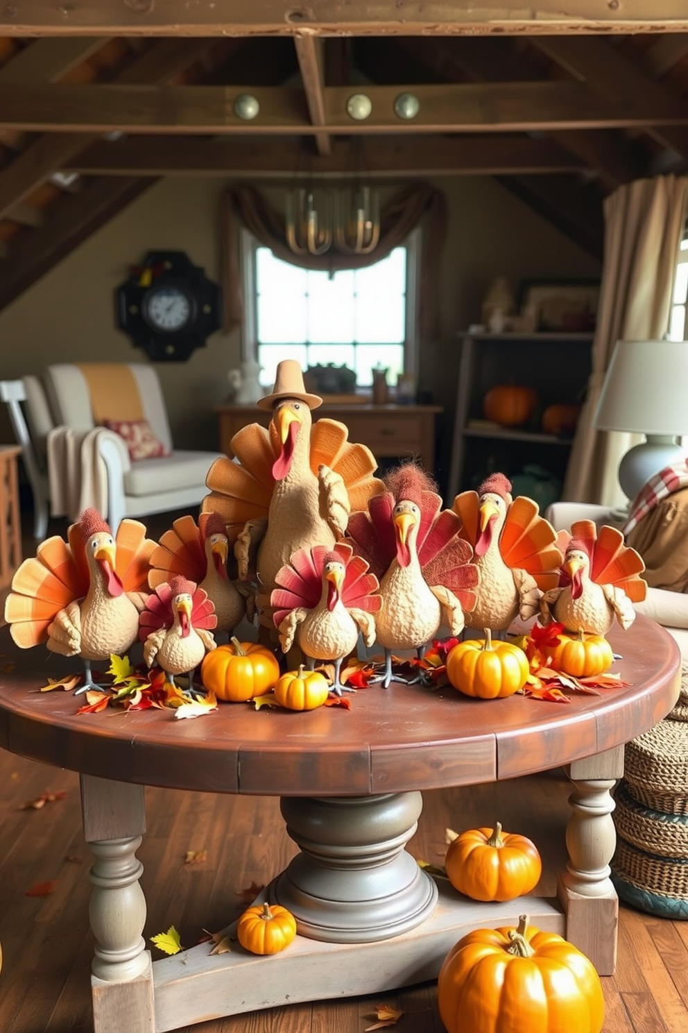 Create a whimsical Thanksgiving display featuring quirky turkey figurines in various sizes and colors. Arrange them on a rustic wooden table surrounded by autumn leaves and small pumpkins for a playful yet festive atmosphere. Transform your attic into a cozy retreat with charming decor that reflects the season. Use warm-toned blankets, vintage furniture, and soft lighting to create an inviting space perfect for holiday gatherings.