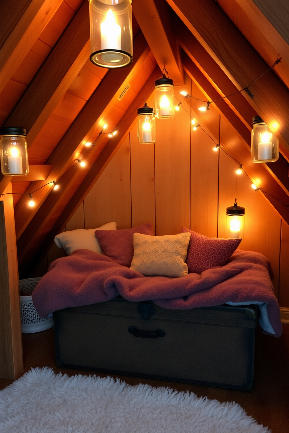 A cozy attic space adorned with soft candlelight emanating from mason jar lanterns creates a warm and inviting atmosphere. Rustic wooden beams frame the room, while plush blankets and cushions are scattered across a vintage trunk for a comfortable seating area.