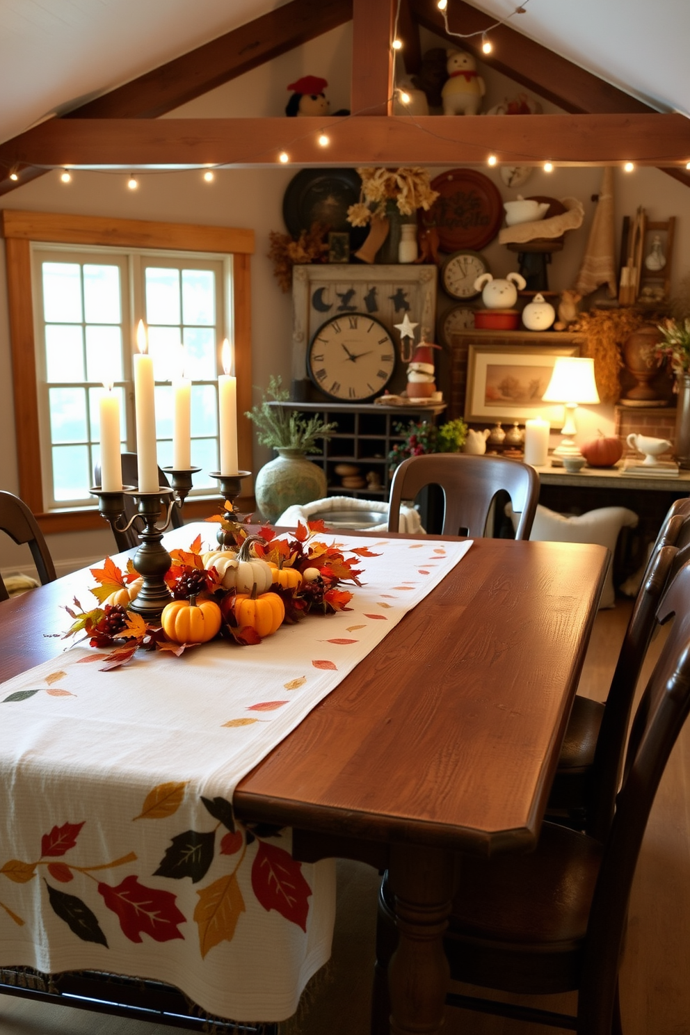 A harvest-themed table runner is elegantly draped across a rustic wooden dining table adorned with colorful gourds and autumn leaves. Soft candlelight flickers from bronze candlesticks, creating a warm and inviting atmosphere for Thanksgiving dinner. In the attic, vintage decorations are creatively arranged to evoke a cozy, festive spirit. String lights twinkle above, illuminating a charming display of seasonal ornaments and handmade crafts that celebrate the essence of fall.