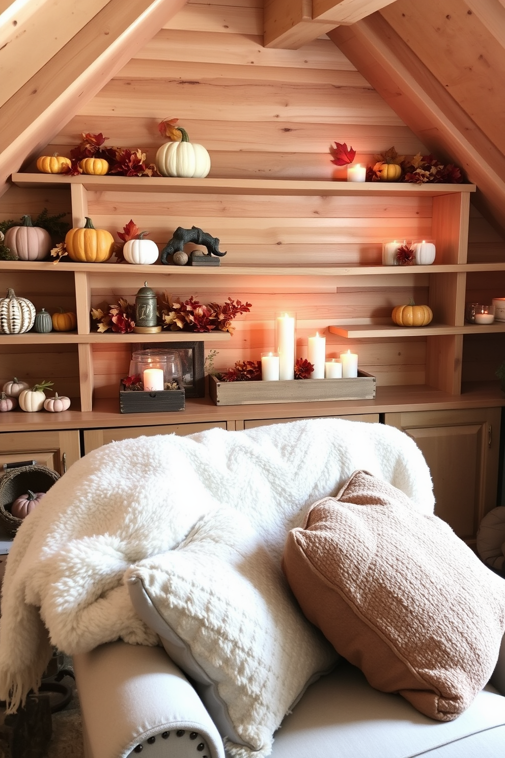 Natural wood shelves adorned with seasonal decor create a warm and inviting atmosphere for Thanksgiving. The shelves are filled with pumpkins, autumn leaves, and cozy candles, enhancing the charm of the attic space. The attic is transformed into a cozy retreat with rustic accents and soft lighting. Plush blankets and decorative pillows are scattered across a vintage armchair, inviting relaxation and comfort during the festive season.