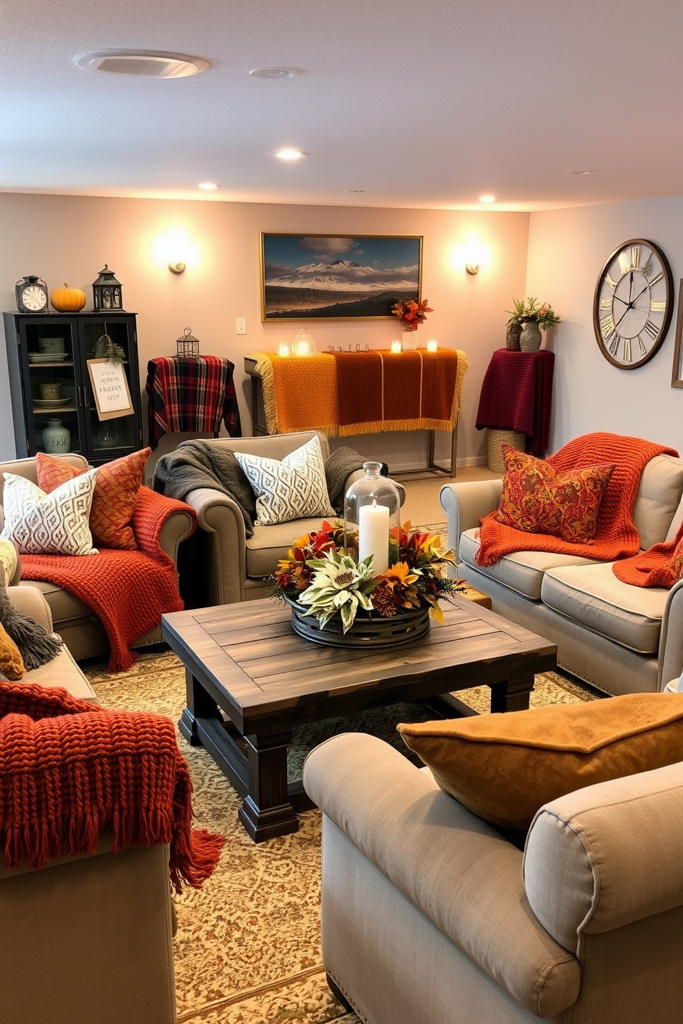 A cozy basement seating area designed for Thanksgiving gatherings. Plush sofas are adorned with warm, textured blankets in rich autumn colors, creating an inviting atmosphere. Soft ambient lighting enhances the warmth of the space, with decorative lanterns and candles placed strategically around the room. A rustic coffee table holds a festive centerpiece featuring seasonal decor and fresh flowers.