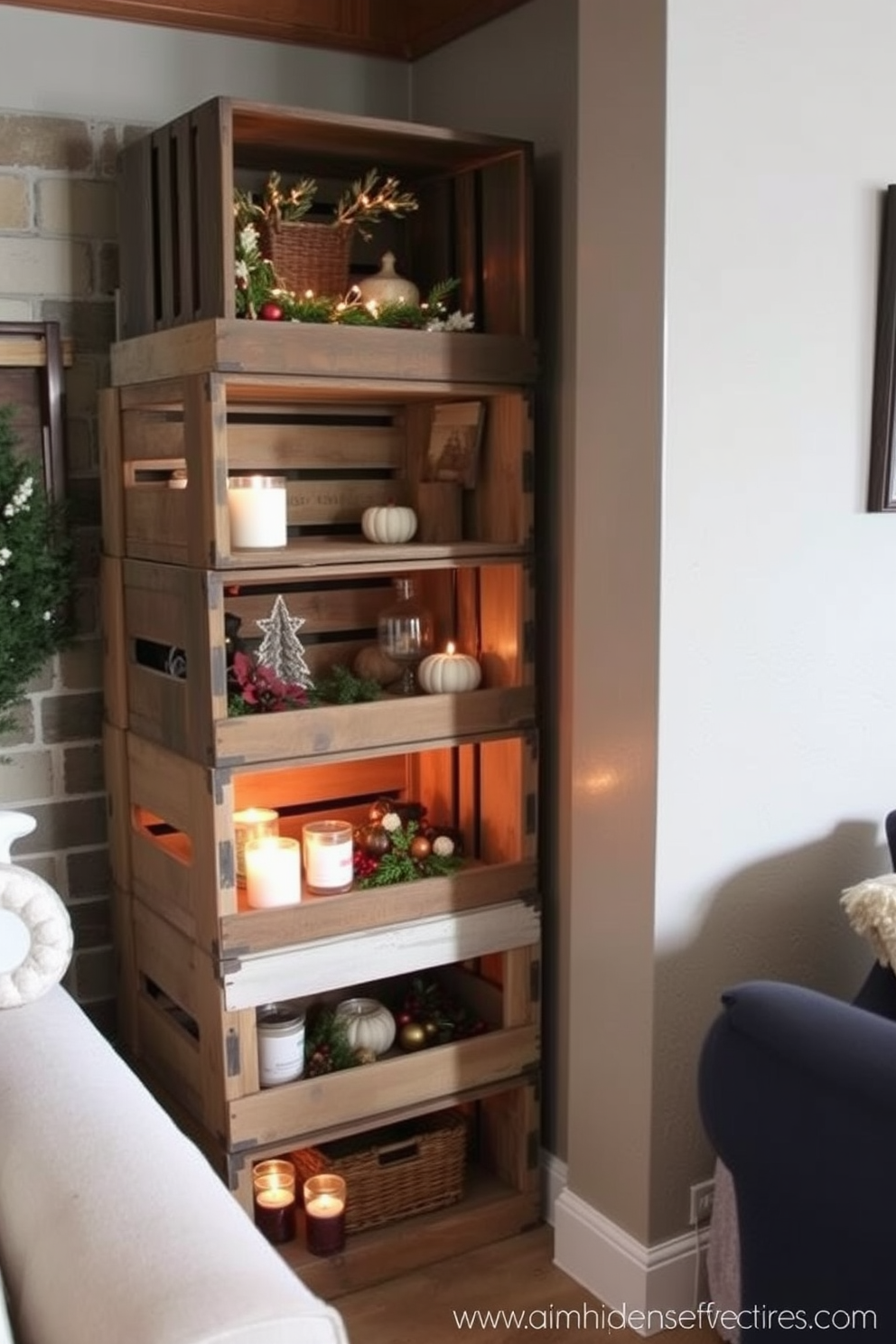 Vintage crates serve as rustic decor accents in a cozy basement setting. Stacked in a corner, they display seasonal decorations and warm lighting to create a welcoming atmosphere for Thanksgiving gatherings.