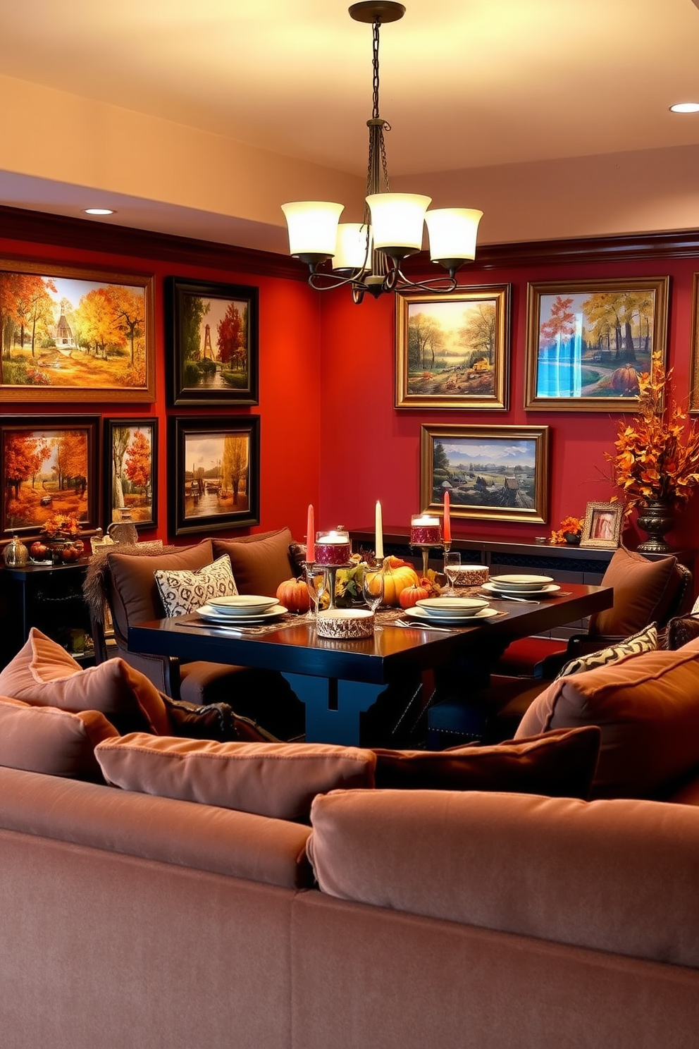 Seasonal artwork featuring autumn scenes fills the walls of a cozy basement. Rich hues of orange, red, and gold create a warm atmosphere, complemented by rustic wooden frames and soft lighting. Thanksgiving-themed decorations adorn the space, with a large harvest table set for a festive gathering. Plush seating in warm tones invites family and friends to relax and enjoy the seasonal ambiance.