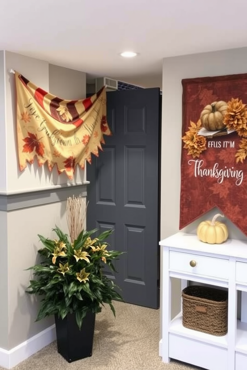 Create a cozy basement space decorated for Thanksgiving. Use fabric banners with warm autumn colors and festive messages to enhance the inviting atmosphere.