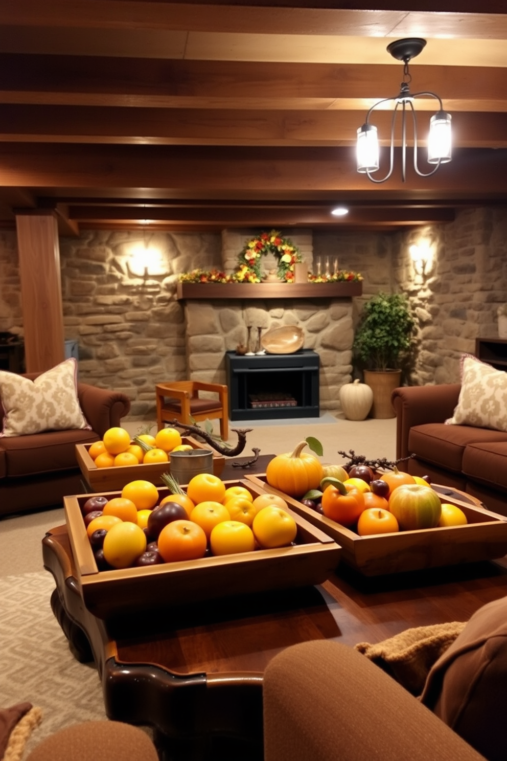 A cozy basement space designed for Thanksgiving gatherings. Wooden trays filled with seasonal fruits are artfully arranged on a rustic coffee table, creating a warm and inviting atmosphere. Soft, ambient lighting illuminates the room, highlighting the rich textures of the wooden beams and stone walls. Plush seating is arranged around the table, encouraging family and friends to gather and enjoy the festive decor.