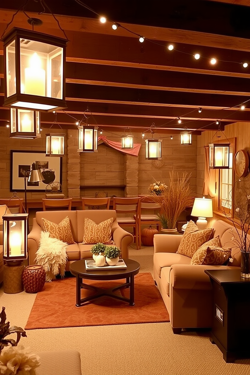 Create a cozy basement setting adorned with decorative lanterns that provide soft, ambient lighting. The space features warm, earthy tones and plush seating arrangements to enhance the inviting atmosphere for Thanksgiving gatherings.