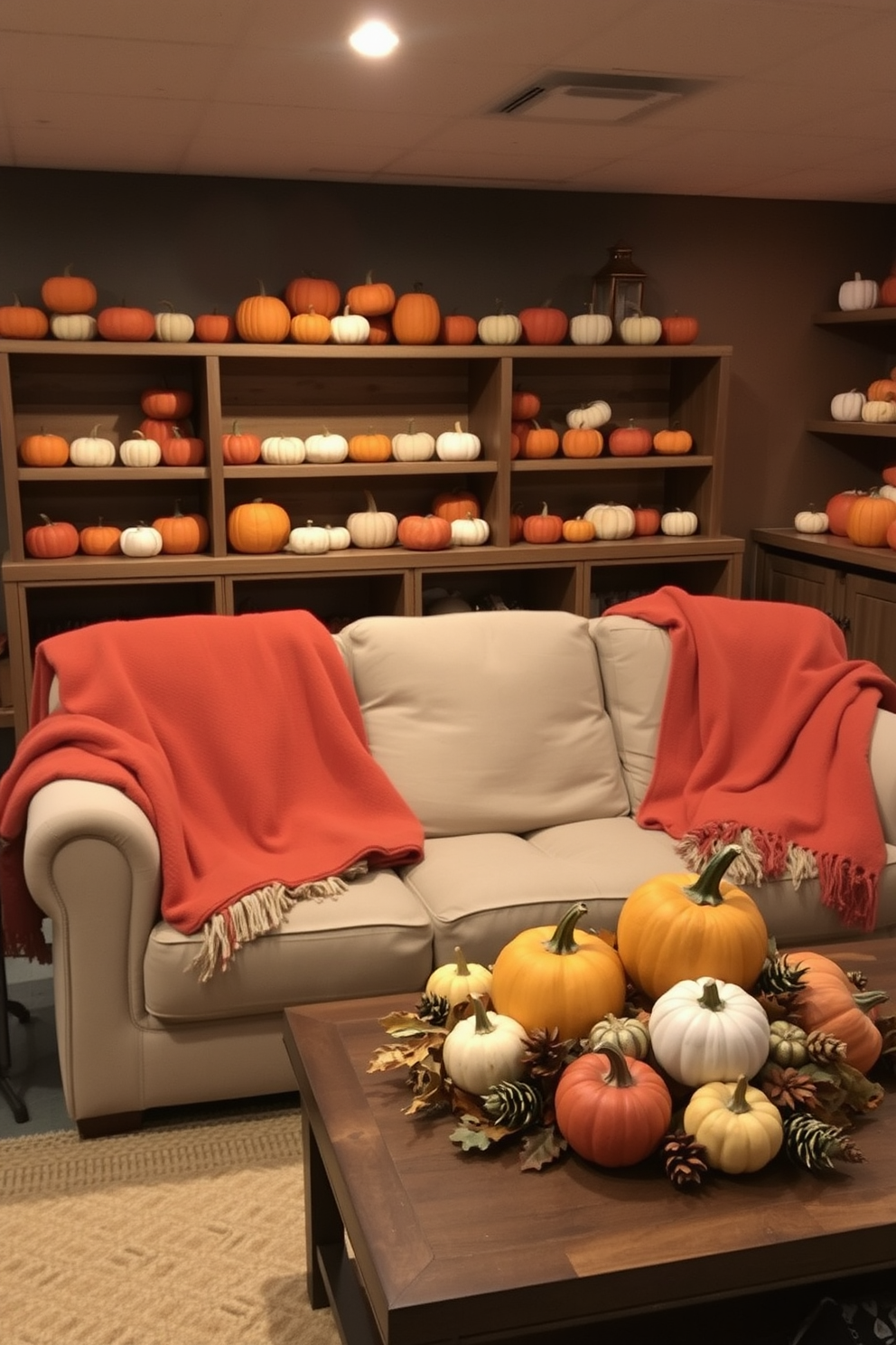 Miniature pumpkins of various sizes in shades of orange and white are scattered across wooden shelves and tabletops creating a festive atmosphere. Soft, warm lighting illuminates the space, highlighting the natural textures of the pumpkins against the rustic backdrop of the basement. Cozy blankets in autumn colors are draped over a plush sofa, inviting relaxation and warmth. A centerpiece of larger pumpkins sits on a coffee table adorned with fall-themed decorations, enhancing the Thanksgiving spirit throughout the basement.