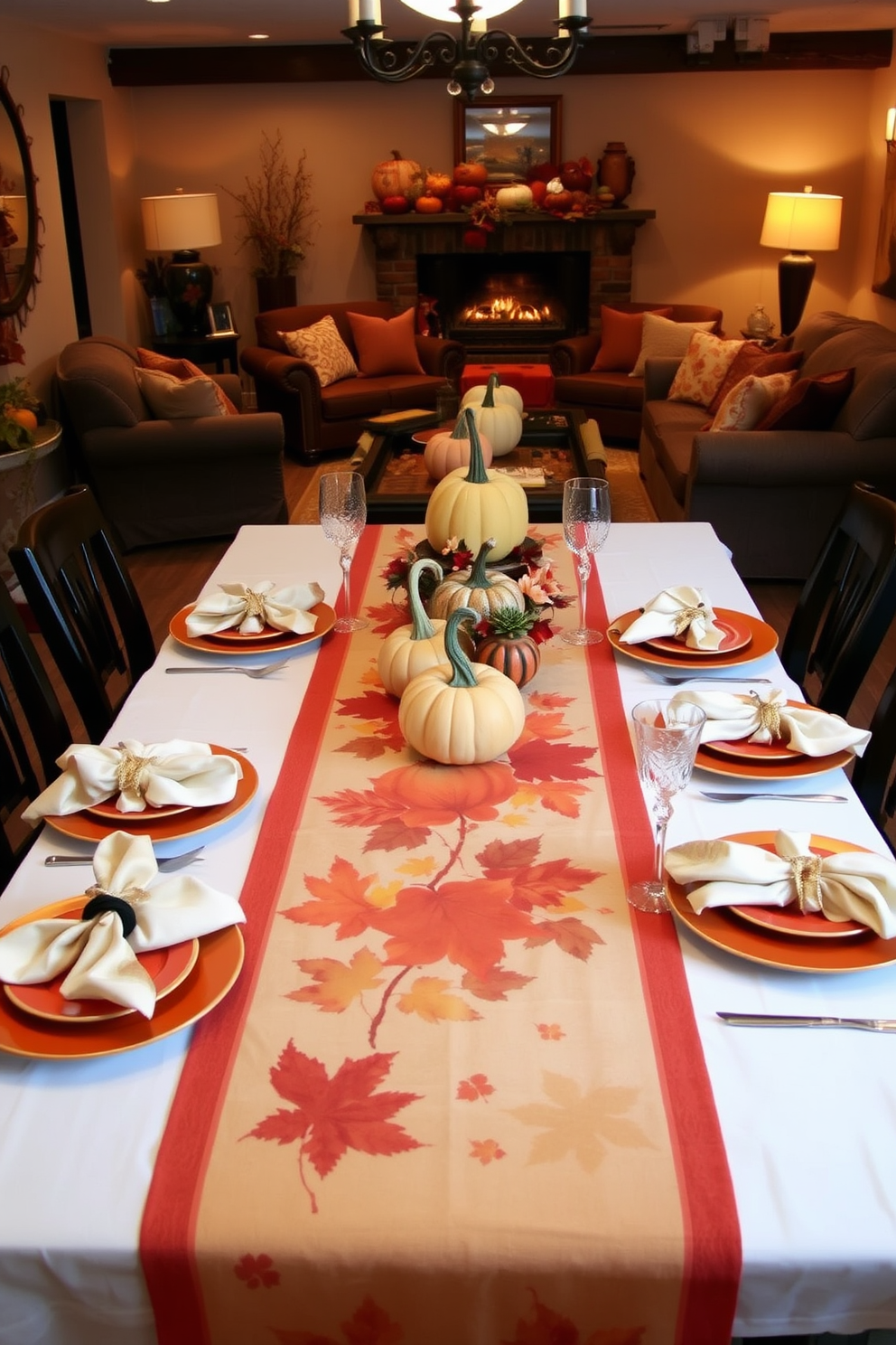 A beautifully set dining table adorned with a Thanksgiving-themed table runner featuring autumn leaves and pumpkins. Surrounding the table are elegant cloth napkins and warm-colored plates, creating a cozy and inviting atmosphere. A festive basement space decorated with rich, earthy tones and seasonal accents. Plush seating arrangements are complemented by decorative pillows and throws, while a central display of pumpkins and gourds adds a touch of Thanksgiving charm.