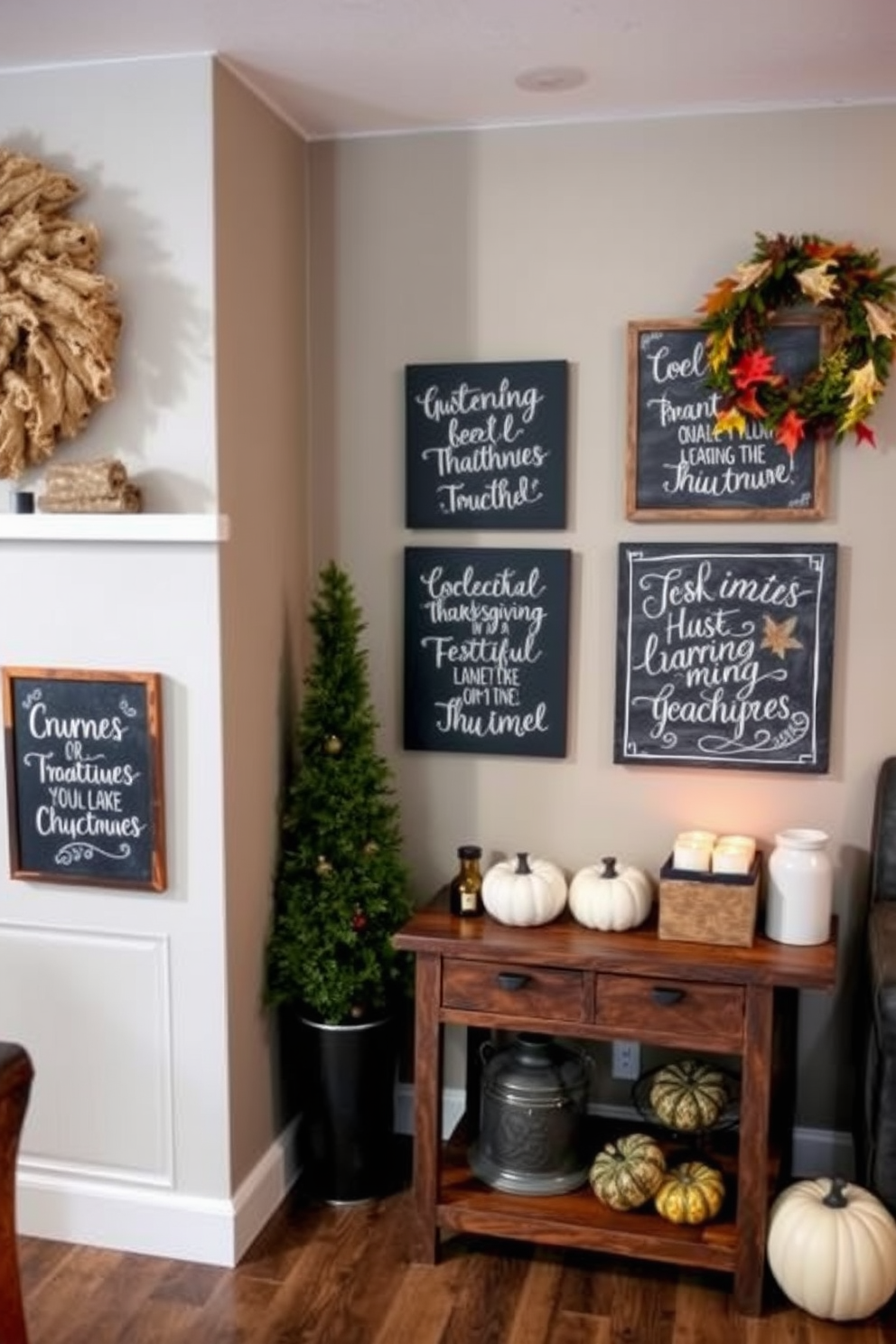 Create a cozy basement space decorated for Thanksgiving. Include chalkboard signs with festive quotes that add a warm and inviting touch to the room.