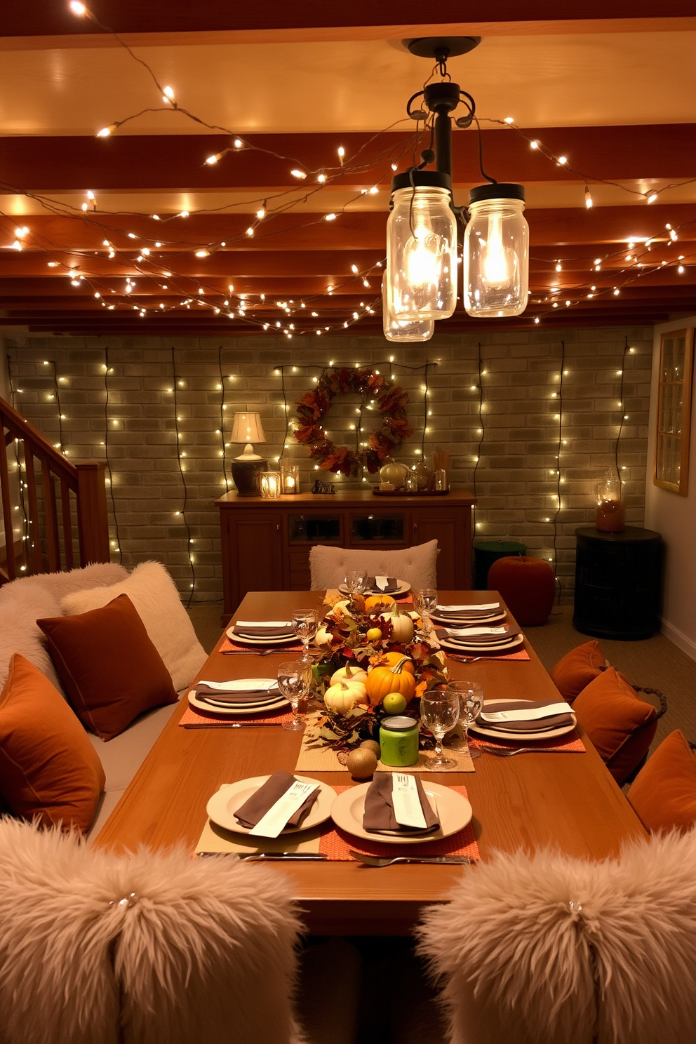 Create a cozy basement space decorated for Thanksgiving. Twinkling fairy lights are strung across the ceiling and placed inside glass jars, casting a warm glow throughout the room. A large wooden table is set with autumn-themed tableware and a centerpiece of pumpkins and foliage. Plush seating surrounds the table, inviting family and friends to gather and celebrate the season.