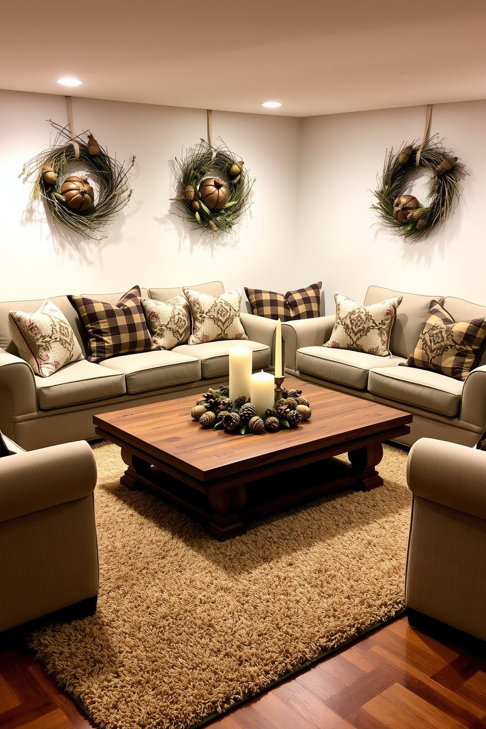 A cozy basement space adorned with natural elements like pine cones and acorns creates a warm Thanksgiving atmosphere. Soft lighting highlights a rustic wooden coffee table surrounded by comfortable seating, inviting family and friends to gather and celebrate. The walls are decorated with seasonal wreaths made of twigs and adorned with acorns, adding a touch of nature to the decor. A plush area rug in earthy tones anchors the space, while a centerpiece of pine cones and candles on the table enhances the festive feel.