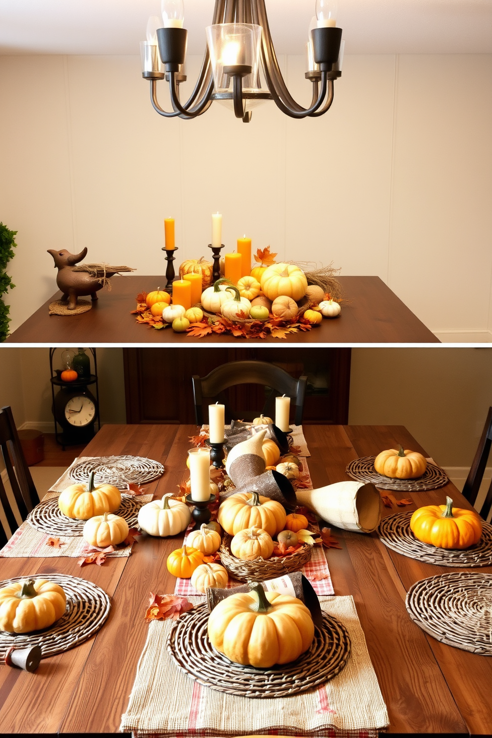 A cozy dining table adorned with an array of small pumpkins in various sizes and colors. Surrounding the pumpkins are autumn leaves and candles in warm hues, creating a festive and inviting atmosphere. A basement space transformed into a warm gathering area for Thanksgiving. Soft lighting highlights a rustic wooden table set with seasonal decorations, including cornucopias and woven placemats, providing a welcoming environment for family and friends.