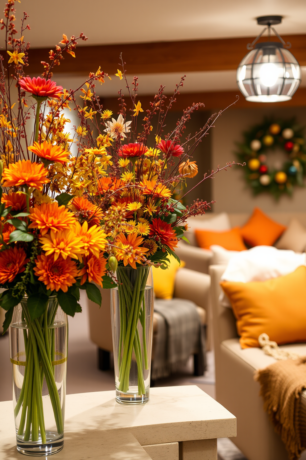 Colorful autumn floral arrangements in vases create a warm and inviting atmosphere for a Thanksgiving celebration. The vases are filled with vibrant orange, red, and yellow blooms, complemented by rich green foliage. In the basement, cozy seating areas are arranged with plush cushions and throws to enhance comfort. Soft, ambient lighting casts a gentle glow, highlighting the festive decorations and creating a welcoming space for gatherings.