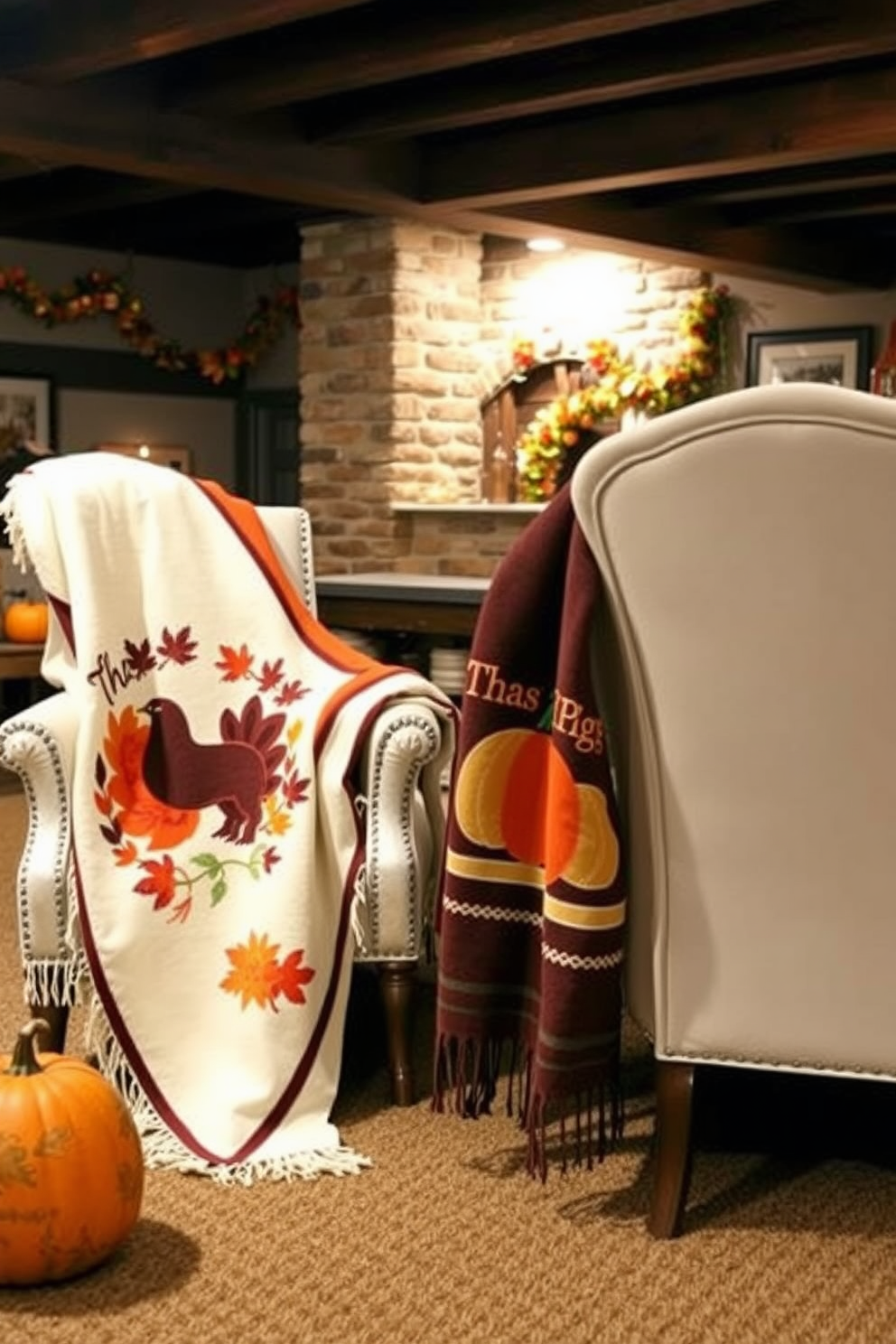 Thanksgiving themed throw blankets draped over elegant chairs create a warm and inviting atmosphere. The rich colors of the blankets complement the rustic decor of the basement, enhancing the festive spirit. The basement is adorned with autumnal decorations, including pumpkins and garlands of leaves. Soft lighting casts a cozy glow, making the space perfect for gatherings and celebrations.