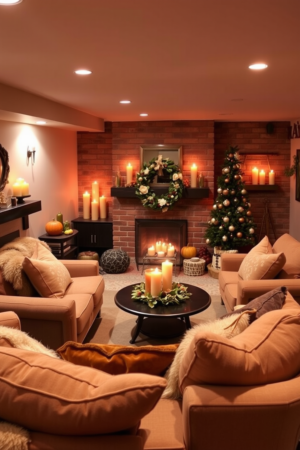 A cozy basement space designed for Thanksgiving gatherings. Soft ambient lighting illuminates the room, highlighting a warm color palette of oranges and browns. The scent of seasonal candles fills the air, creating a welcoming atmosphere. Plush seating arrangements invite guests to relax and enjoy the festive decor.