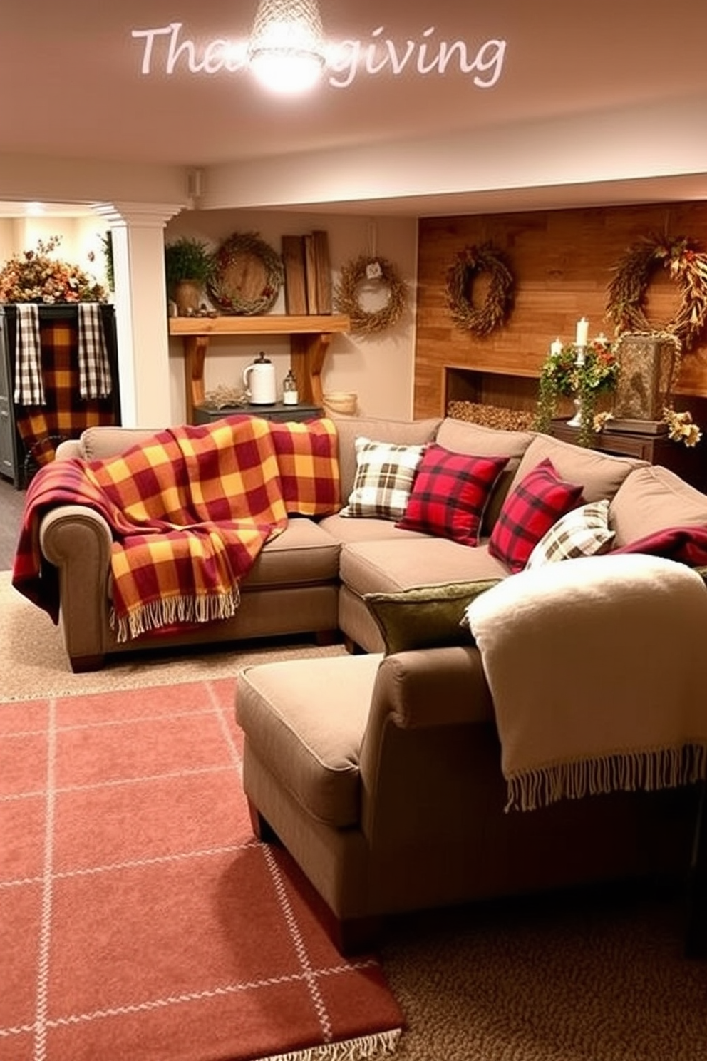 A warm and inviting basement decorated for Thanksgiving features plaid patterns in rich autumn colors. Soft plaid throw blankets are draped over a comfortable sectional sofa, while plaid cushions add a cozy touch to the seating area. The walls are adorned with rustic wooden accents and seasonal decorations, creating a festive atmosphere. A large area rug with a subtle plaid design anchors the space, complementing the overall cozy aesthetic.