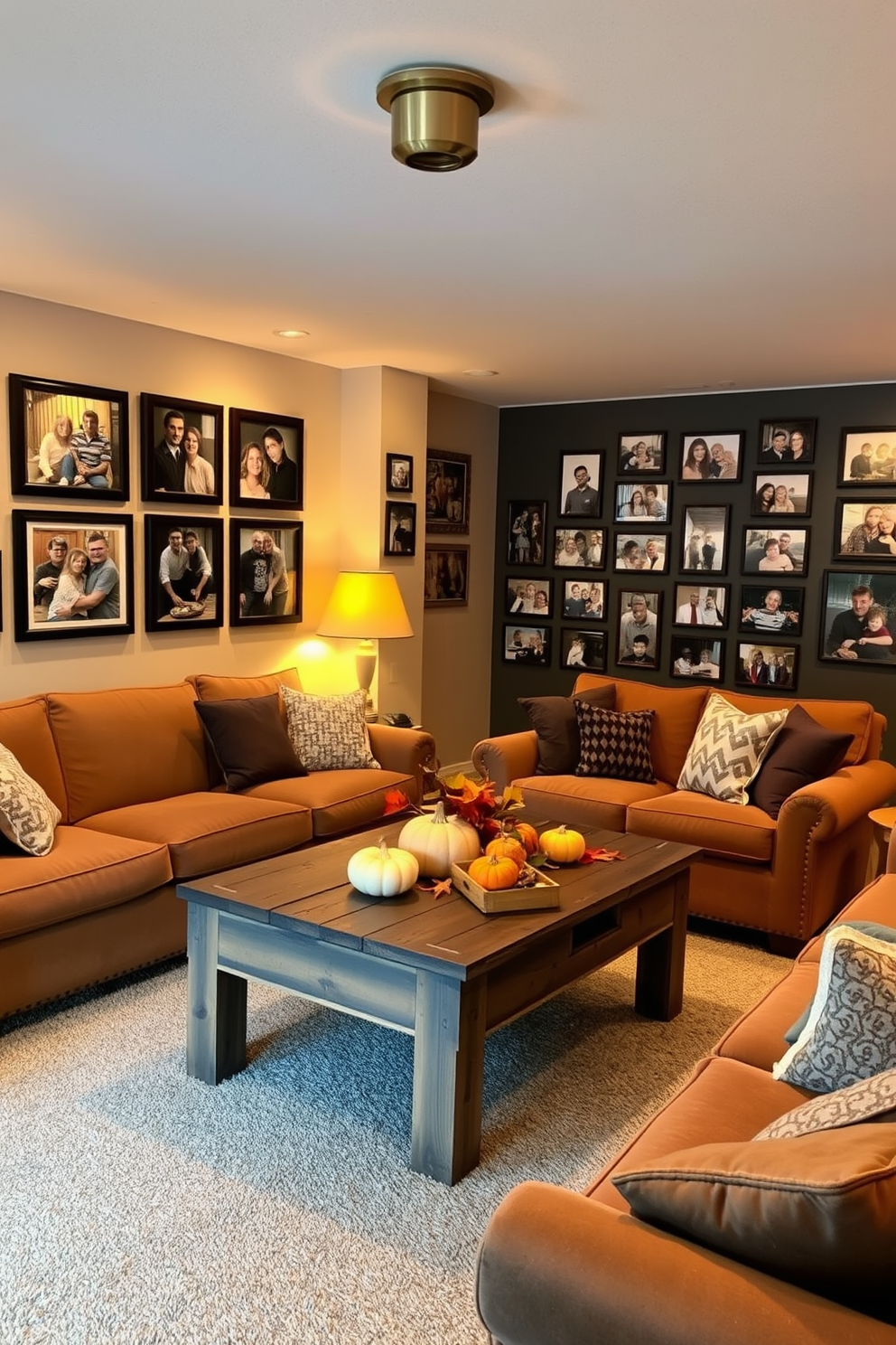 A cozy basement space adorned with photo displays of past Thanksgivings. The walls are decorated with framed pictures capturing joyful family moments, surrounded by warm lighting that creates an inviting atmosphere. Soft, plush seating is arranged in a circle to encourage conversation and reminiscence. A rustic wooden coffee table sits at the center, adorned with seasonal decorations like pumpkins and autumn leaves.