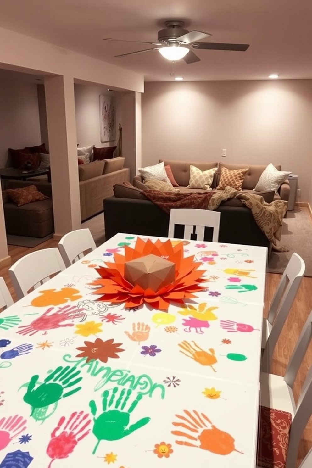 Craft paper table covers for kids Thanksgiving. The table is adorned with colorful drawings and handprints, creating a festive atmosphere. In the basement, cozy seating areas are arranged with plush cushions and blankets. Soft lighting illuminates the space, enhancing the warm, inviting feel for family gatherings.