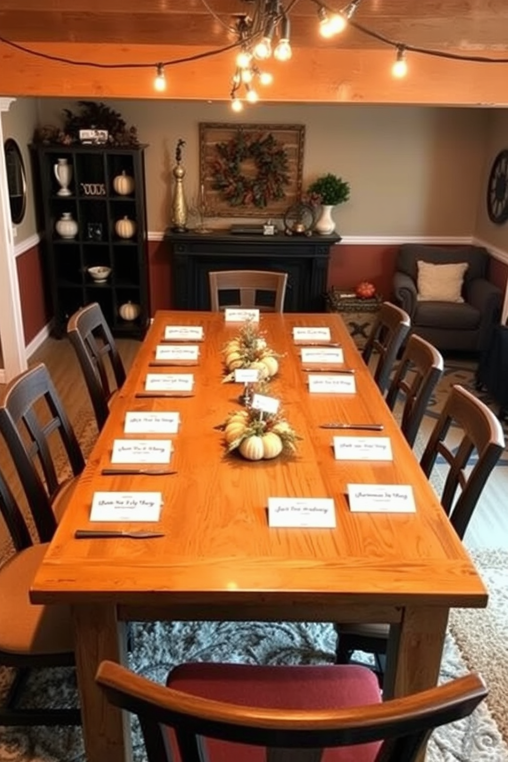 Create a cozy Thanksgiving basement setting that is warm and inviting. Incorporate a large wooden dining table surrounded by comfortable chairs, adorned with personalized place cards for each guest. The walls should feature soft, earthy tones, complemented by seasonal decorations like pumpkins and autumn leaves. Add a plush area rug under the table and string lights overhead to create a festive atmosphere.