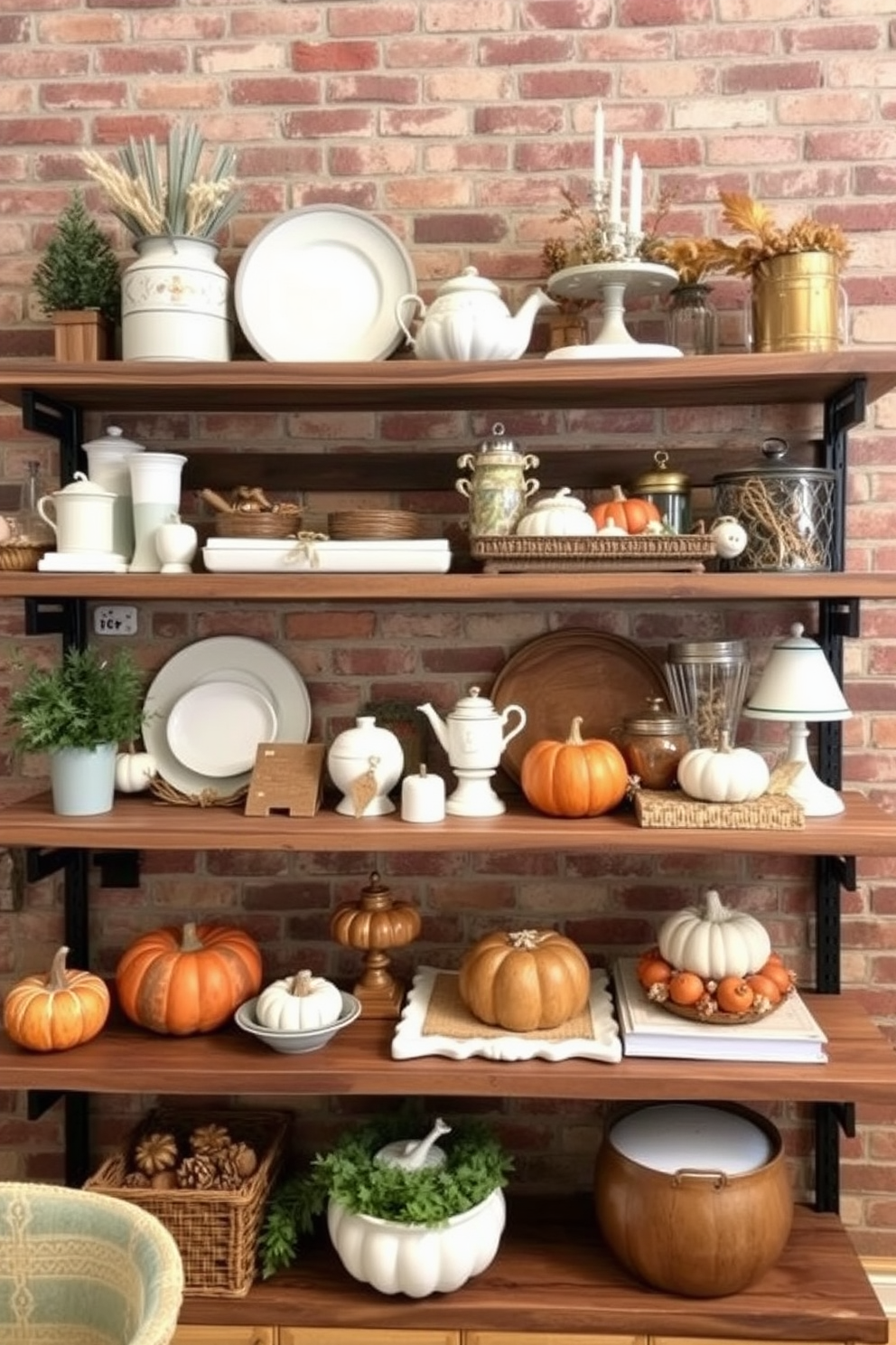 Rustic wooden shelves are adorned with an array of seasonal display items that evoke the warmth of Thanksgiving. The shelves are positioned against a backdrop of exposed brick, creating a cozy atmosphere perfect for holiday gatherings.