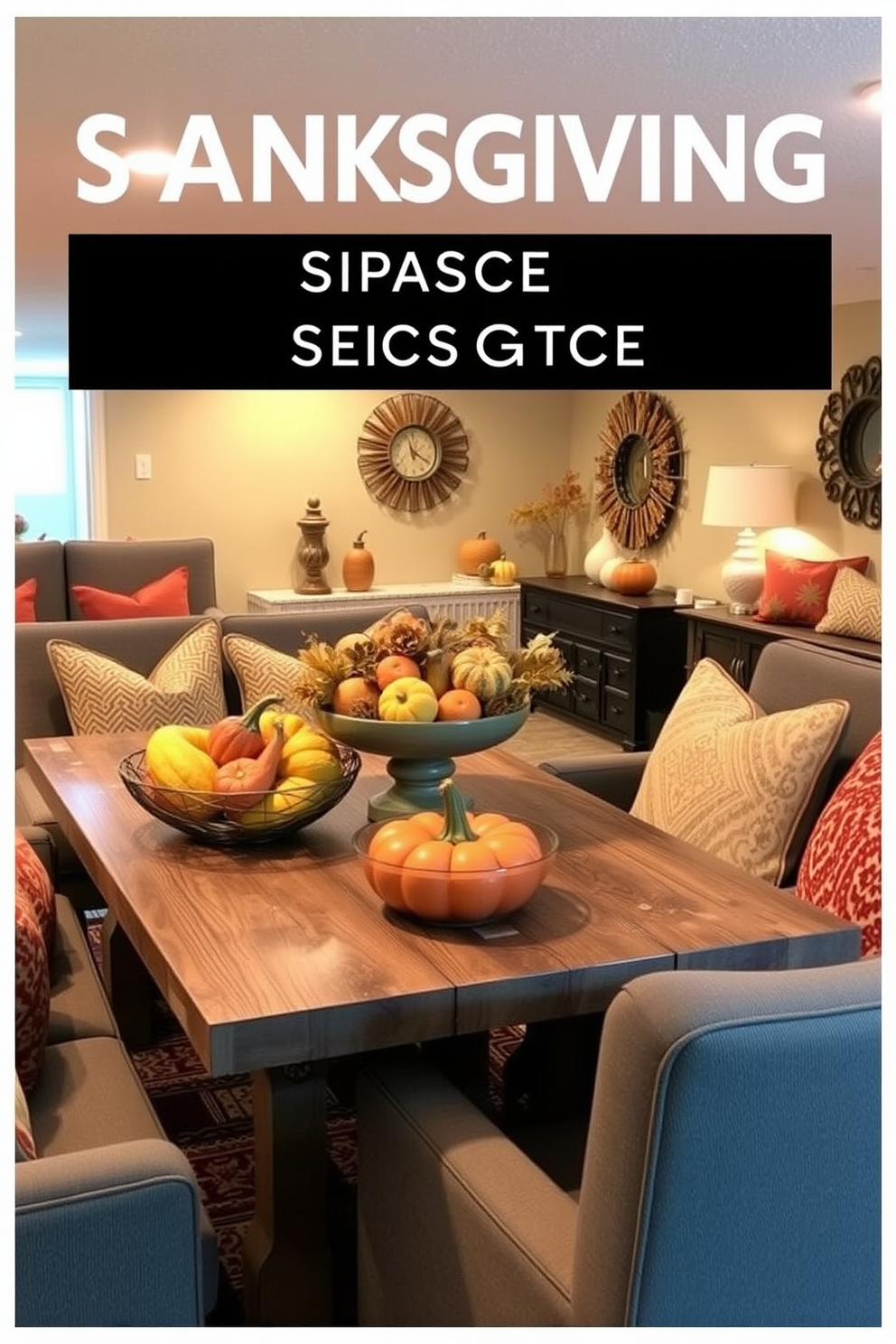 Create a cozy basement space designed for Thanksgiving celebrations. Incorporate decorative bowls filled with colorful gourds, placed on a rustic wooden table surrounded by comfortable seating. Use warm lighting to enhance the inviting atmosphere. The walls should feature autumn-themed decor, with accents of orange and gold to reflect the festive spirit.