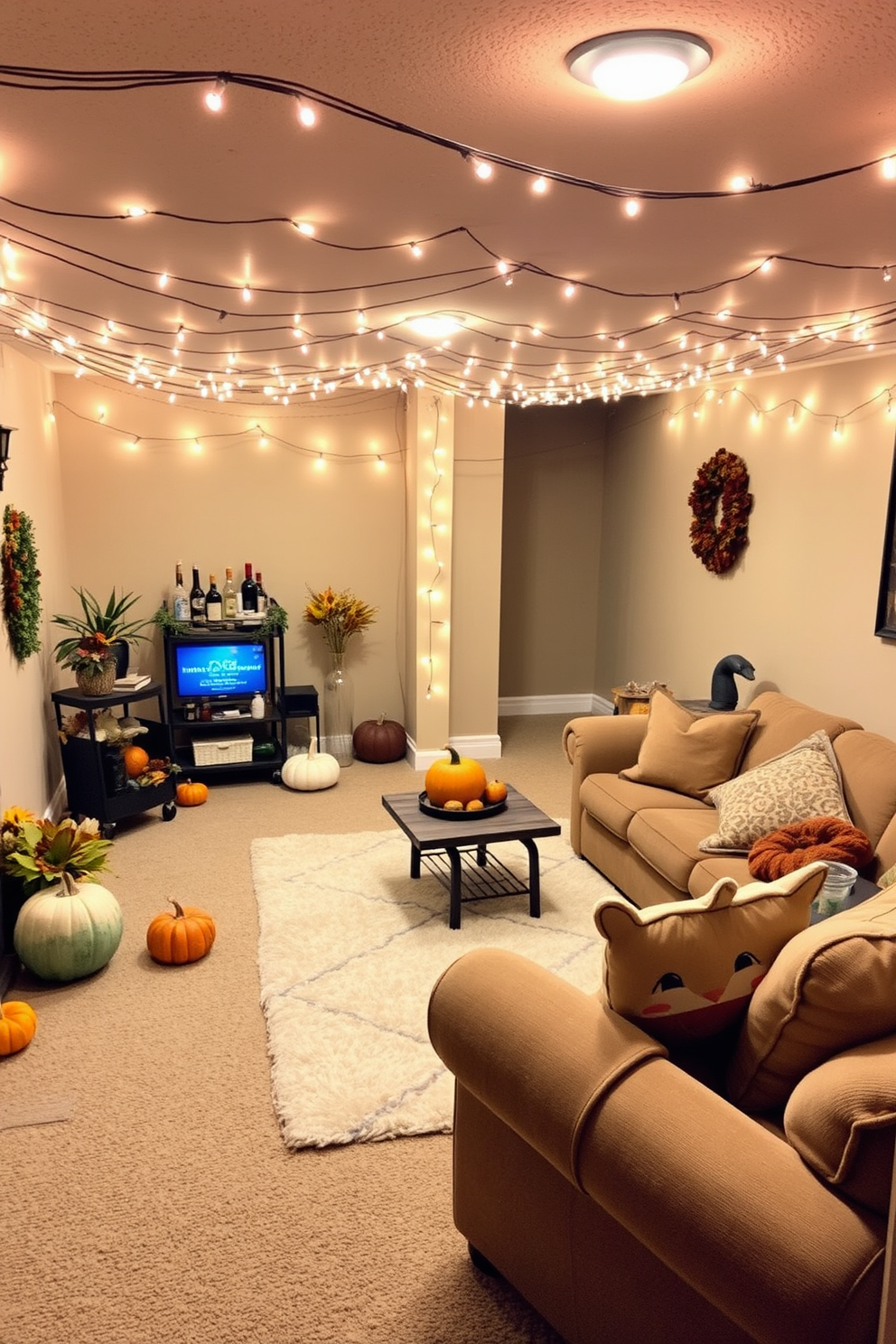 A cozy basement space adorned with string lights creating a warm and festive ambiance. The walls are painted in a soft beige, and a plush area rug anchors the seating area, where comfortable sofas are arranged around a rustic coffee table. Decorative pumpkins and autumn foliage are scattered throughout the room, enhancing the Thanksgiving theme. A small bar cart is set up in the corner, displaying seasonal drinks and snacks for guests to enjoy.