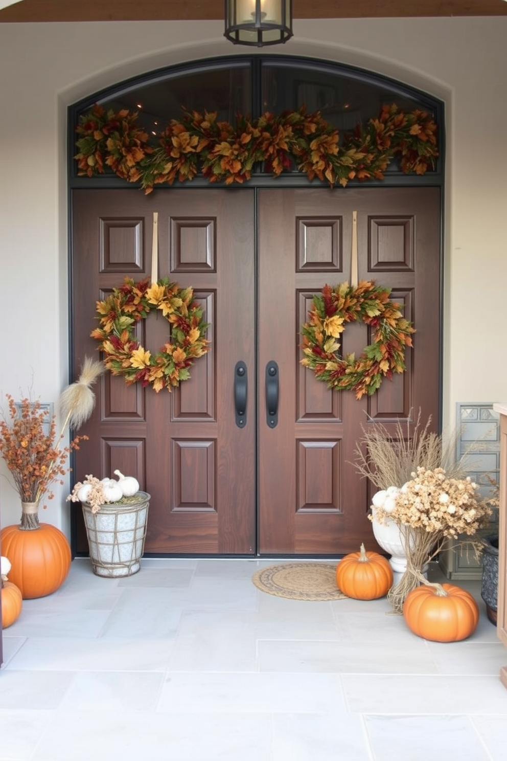 A cozy basement entrance adorned with harvest wreaths on the doors welcomes guests with a festive touch. The warm hues of autumn leaves and dried flowers create a charming and inviting atmosphere for Thanksgiving celebrations.