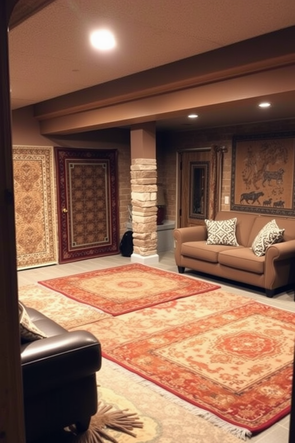 A cozy basement space featuring layered rugs in warm earthy tones. The rugs are strategically placed to create distinct areas for relaxation and entertainment, enhancing the inviting atmosphere.