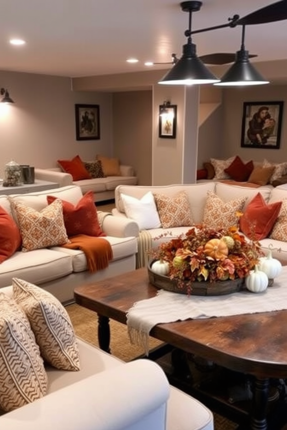 Autumn-colored throw pillows are arranged on plush sofas, creating a warm and inviting atmosphere perfect for family gatherings. The space features cozy blankets draped over the armrests and a rustic coffee table adorned with seasonal decorations. Thanksgiving-themed decor enhances the basement's charm, with a large harvest centerpiece on the dining table. Soft lighting from stylish fixtures casts a gentle glow, highlighting the rich colors and textures of the decor.