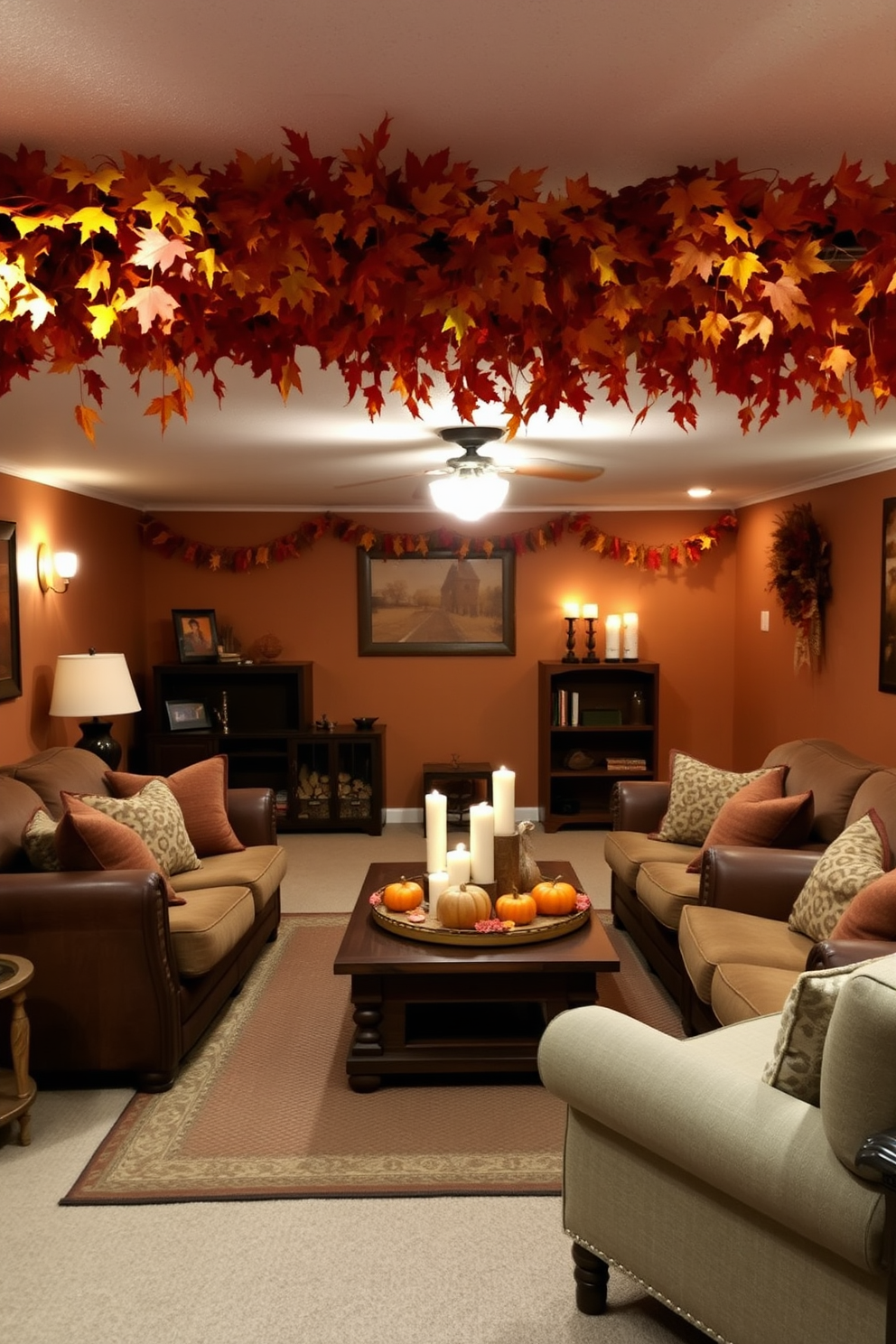 A cozy basement space adorned with hanging garlands of vibrant fall leaves creates a warm and inviting atmosphere for Thanksgiving. Soft lighting illuminates the area, enhancing the rich colors of the leaves and complementing the rustic wooden furniture. Plush seating arrangements are strategically placed around a central coffee table, adorned with seasonal decorations like pumpkins and candles. The walls are painted in warm earth tones, and a textured area rug adds comfort underfoot, making it the perfect gathering spot for family and friends.