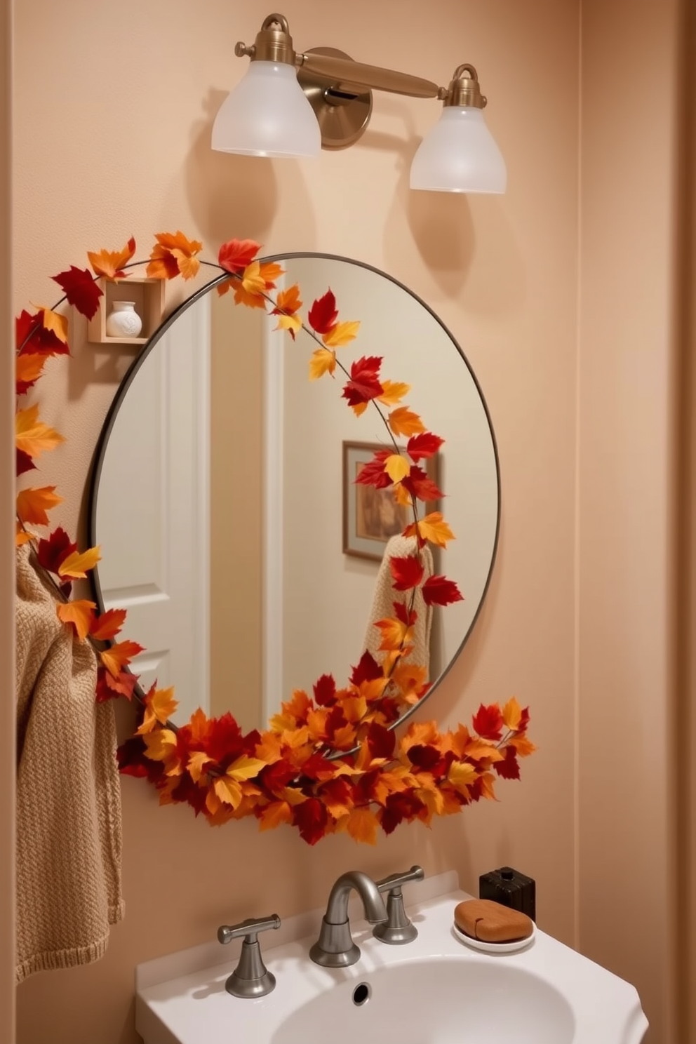 A cozy bathroom adorned with an autumn leaf garland gracefully framing a large round mirror. The warm hues of the leaves complement the soft beige walls, creating a welcoming atmosphere perfect for Thanksgiving.