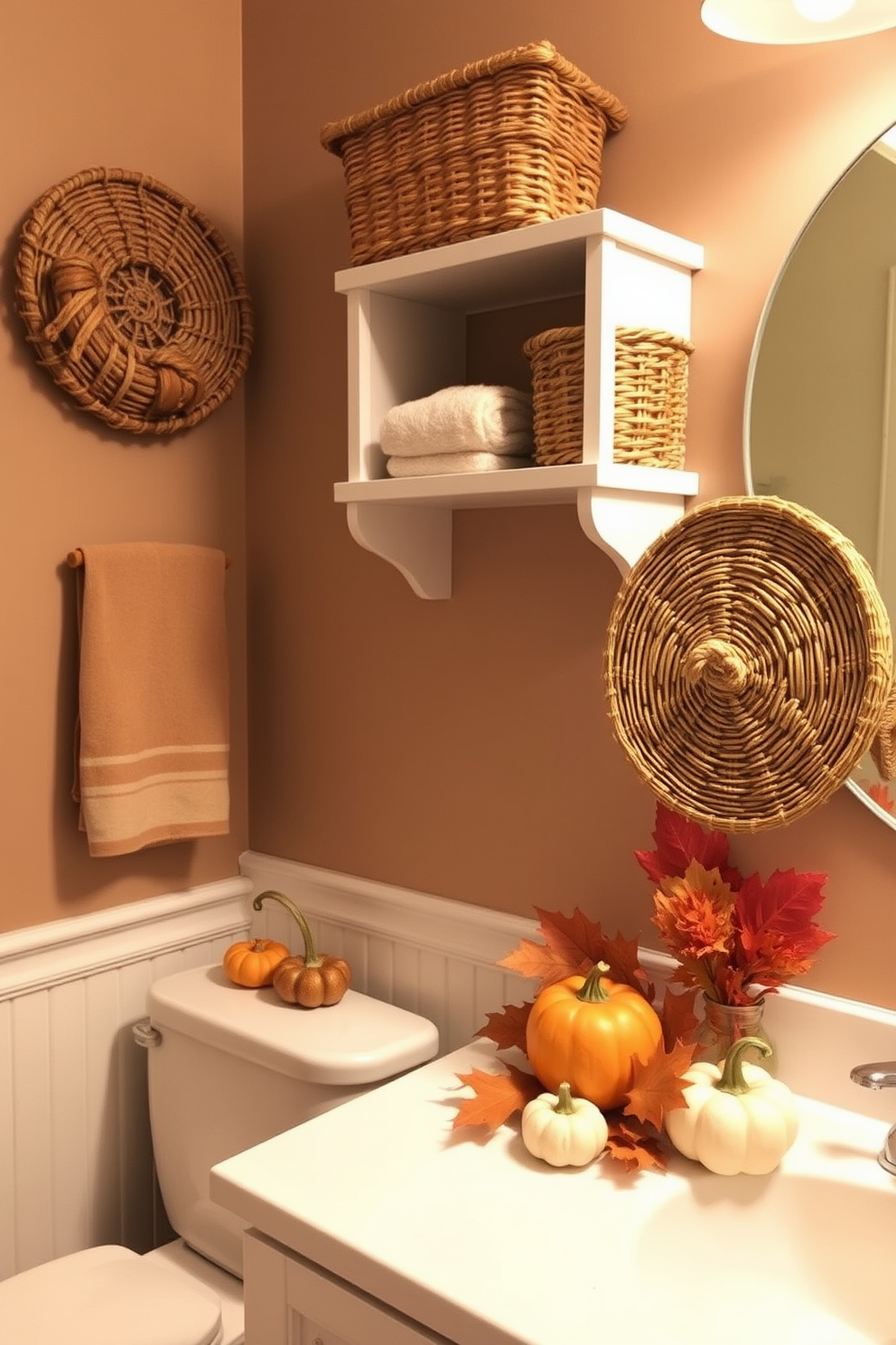 A cozy bathroom adorned with decorative baskets for extra storage. The baskets are woven in natural fibers and placed strategically on shelves, adding warmth and texture to the space. Thanksgiving-themed decorations enhance the bathroom's festive atmosphere. Small pumpkins and autumn leaves are artfully arranged on the countertop, complemented by a warm color palette of oranges and browns.